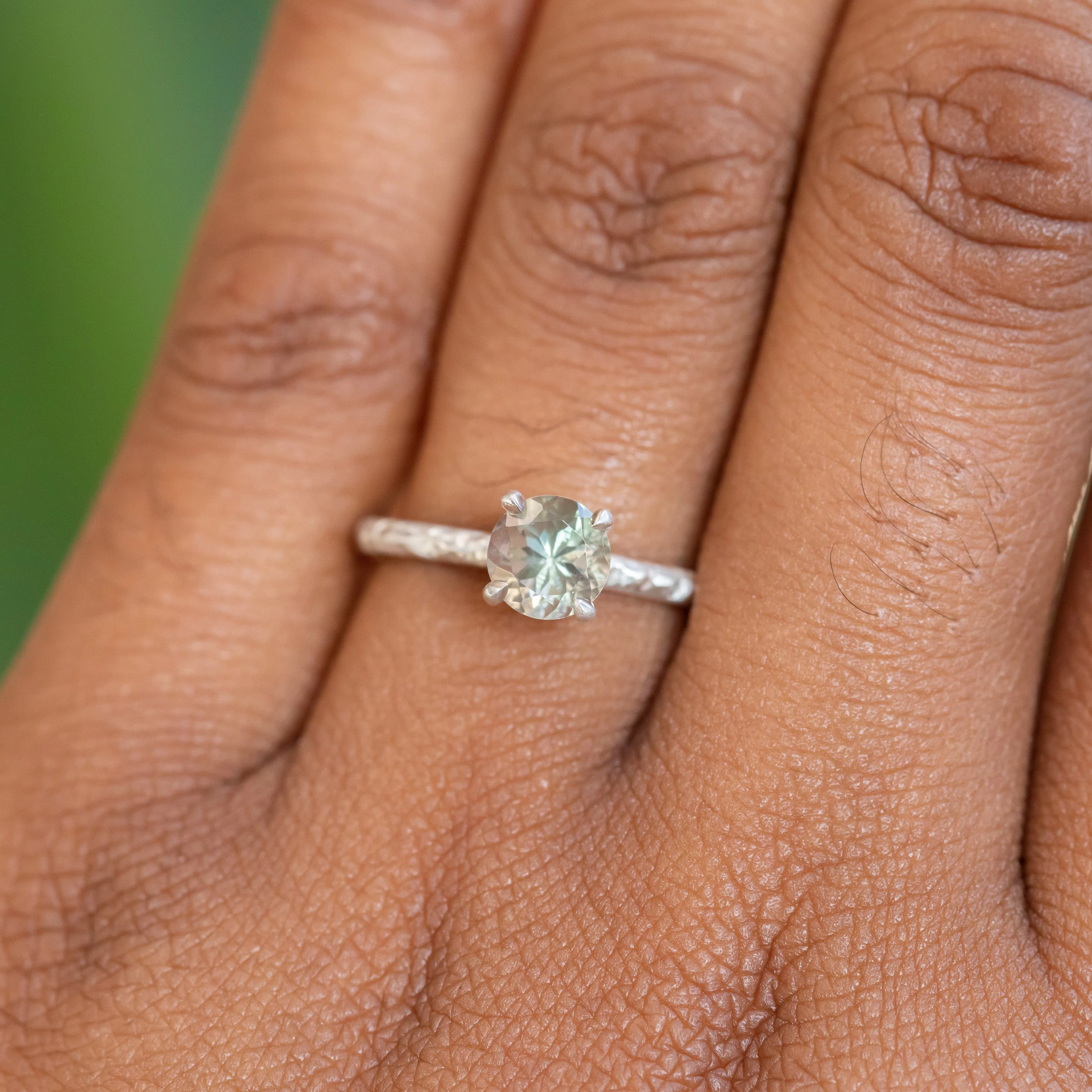 0.98ct Round Oregon Sunstone Solitaire Ring in Satin Sterling Silver with Evergreen Texture