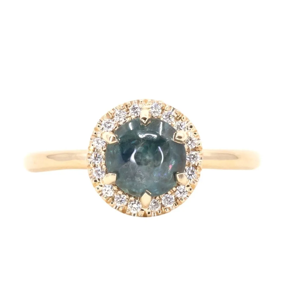 1.49ct Buff Top Montana Sapphire Low Profile Diamond Halo Ring In 14k Yellow Gold