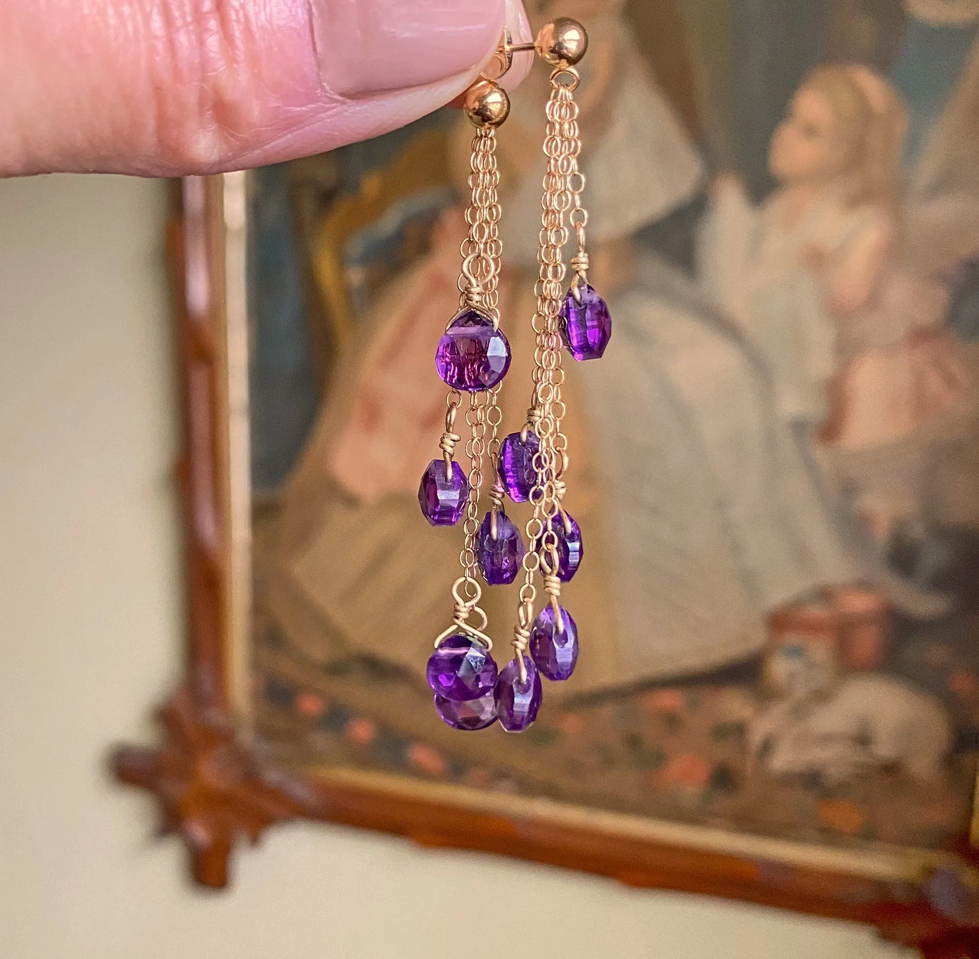 14K Gold Chain Amethyst Dangle Chandelier Earrings