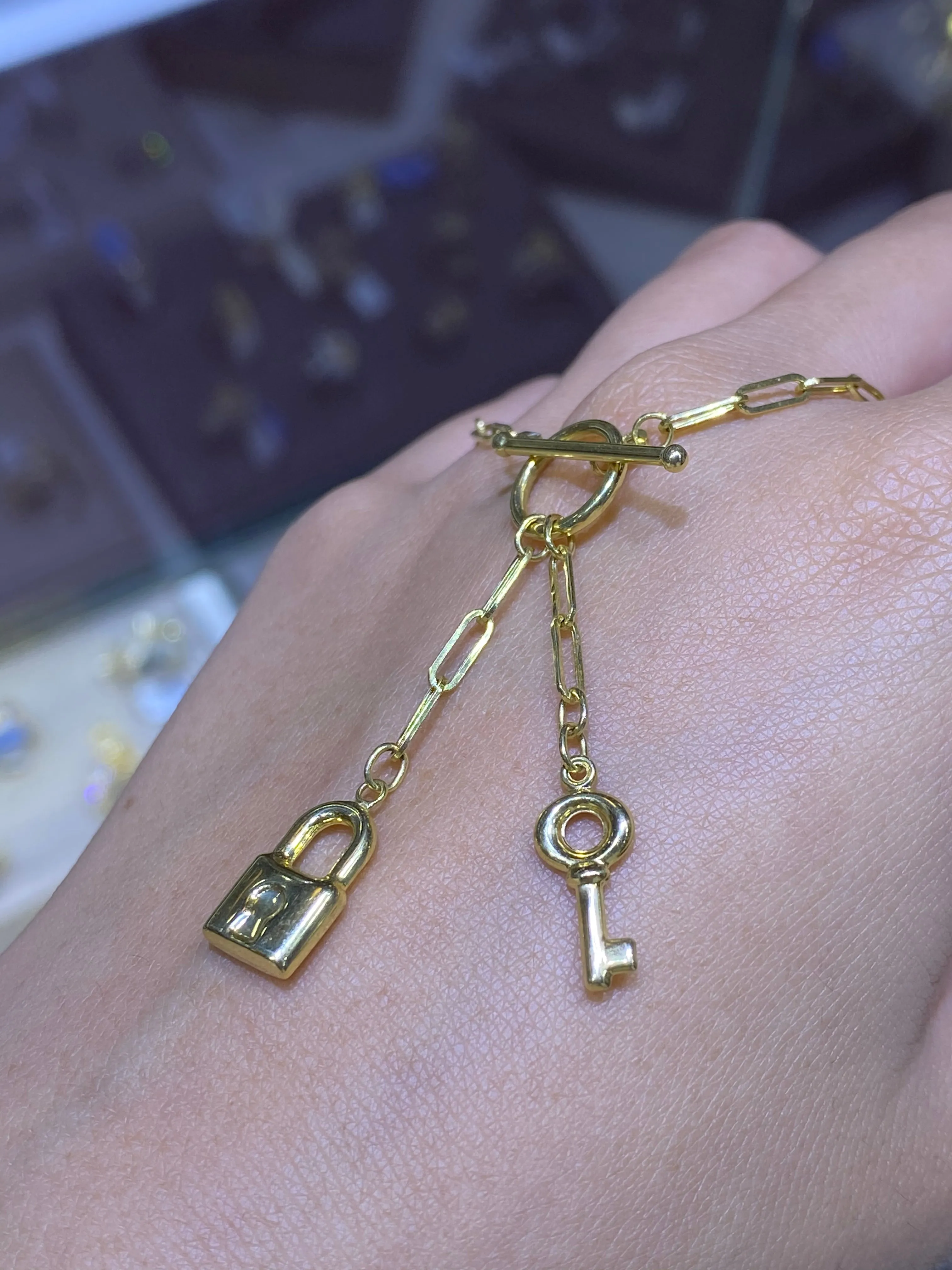 14K Gold Paper Clip Key and Lock Charm Necklace