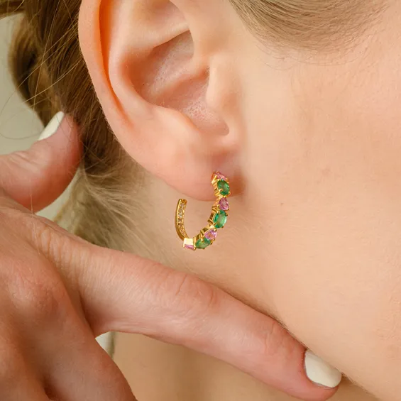 14K Yellow Gold Emerald and Pink Sapphire Earrings