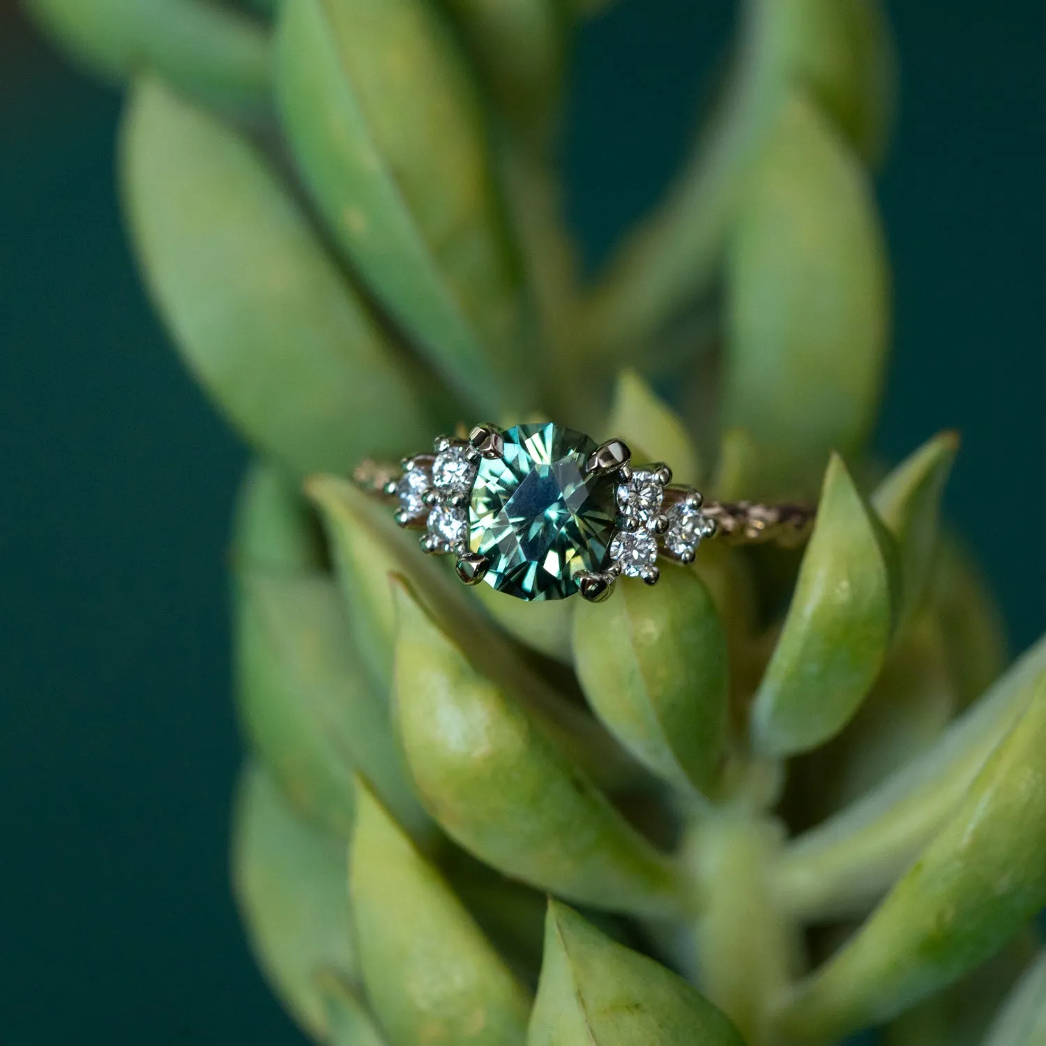 1.55ct Fancy Cushion Cut Montana Sapphire and Diamond Cluster Ring in Two Tone 14k White and 14k Yellow Gold