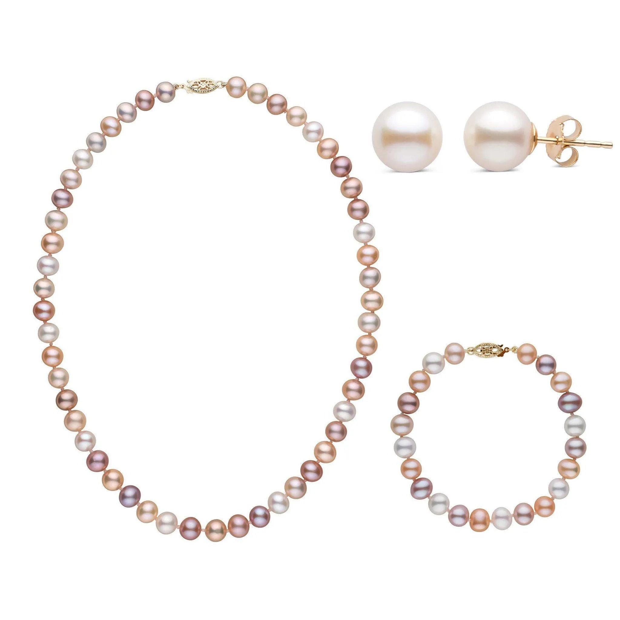 16 Inch 3 Piece Set of 7.5-8.0 mm AA  Multicolor Freshwater Pearls