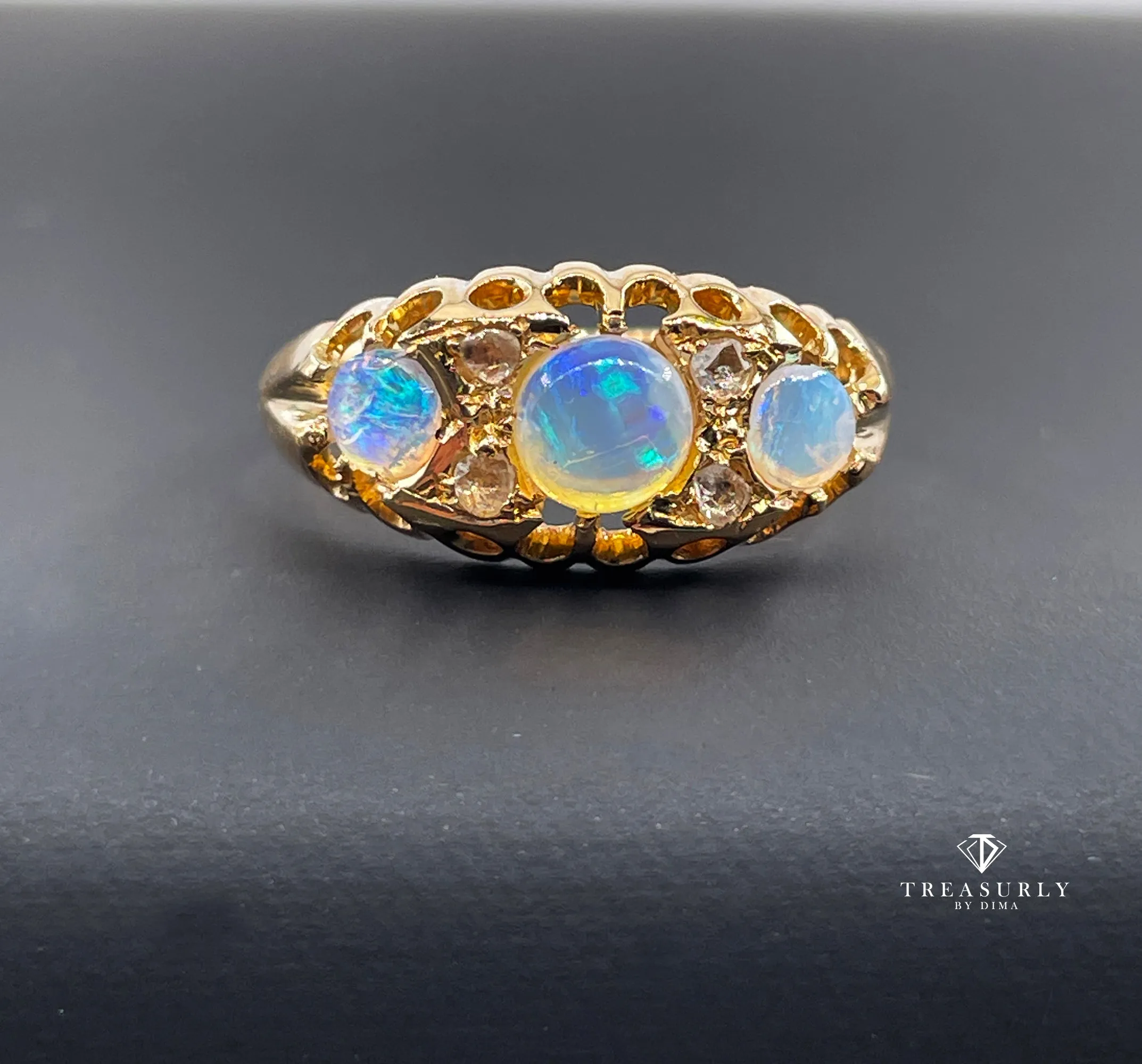 1894 Victorian Antique Opal and Diamond Wedding Anniversary 18K Gold Ring Band