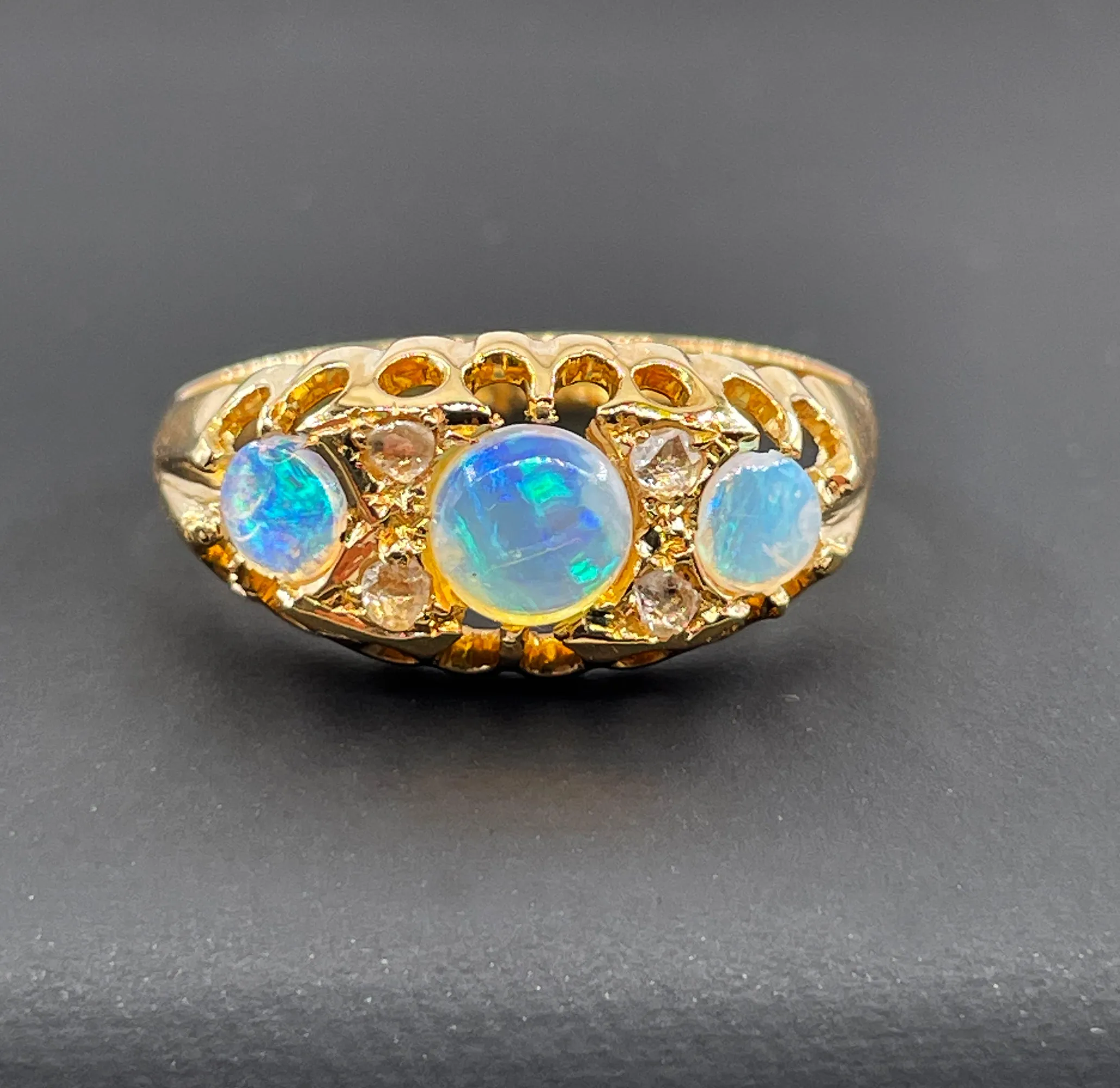 1894 Victorian Antique Opal and Diamond Wedding Anniversary 18K Gold Ring Band