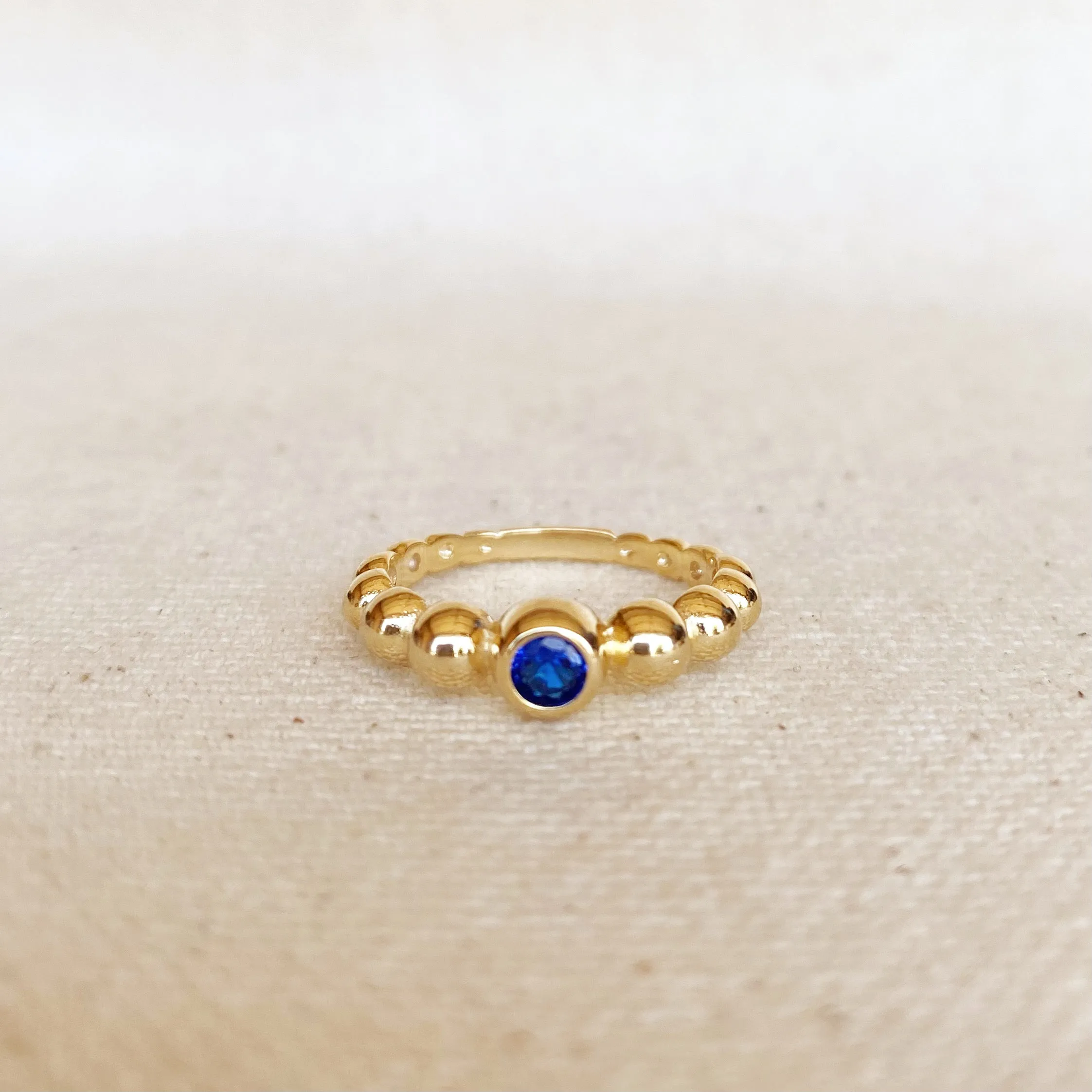 18k Gold Filled Beaded Blue Cubic Zirconia Bezel Ring