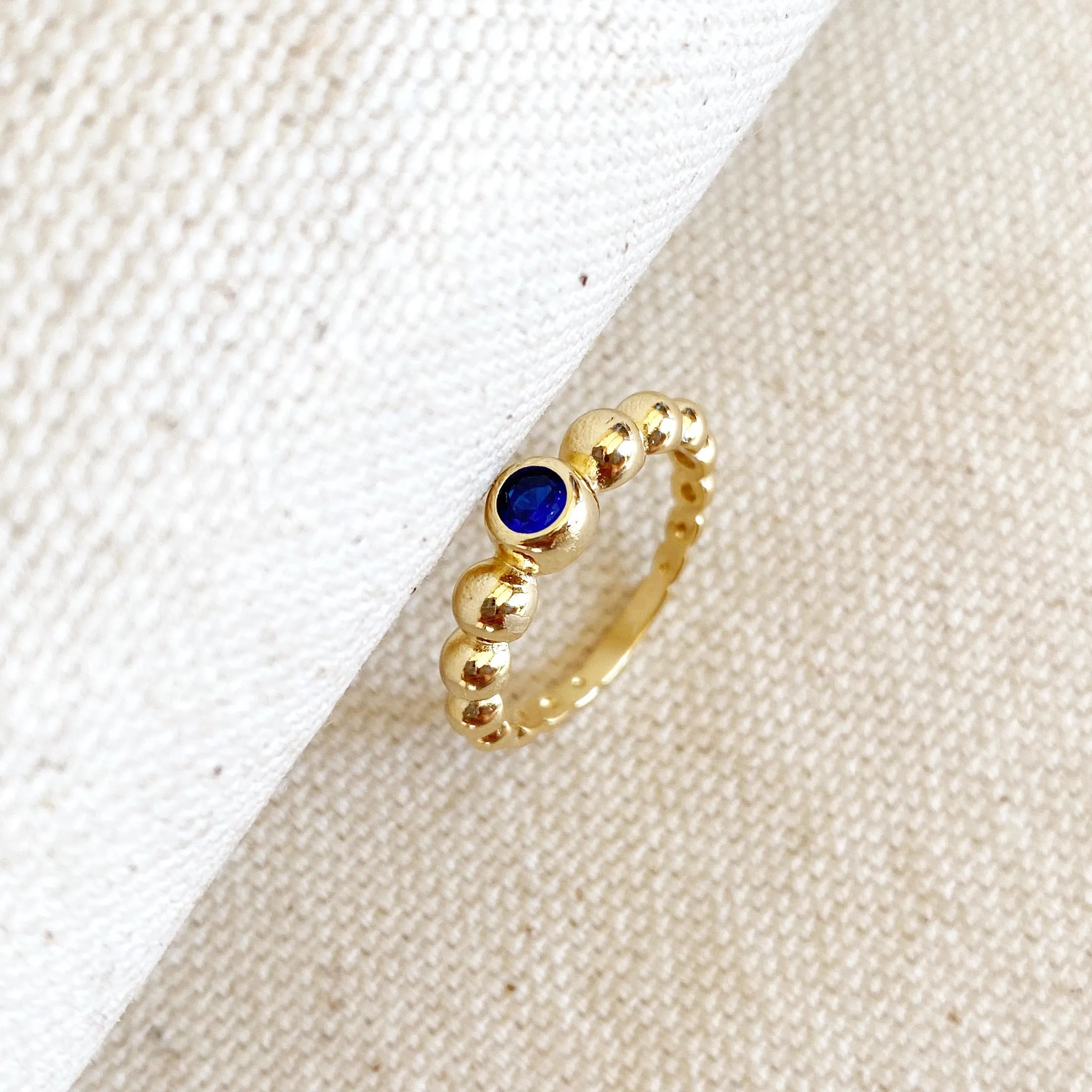 18k Gold Filled Beaded Blue Cubic Zirconia Bezel Ring