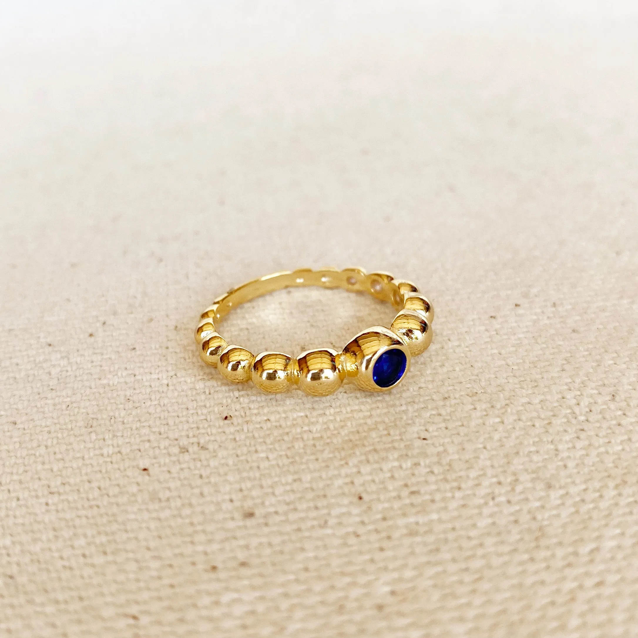 18k Gold Filled Beaded Blue Cubic Zirconia Bezel Ring