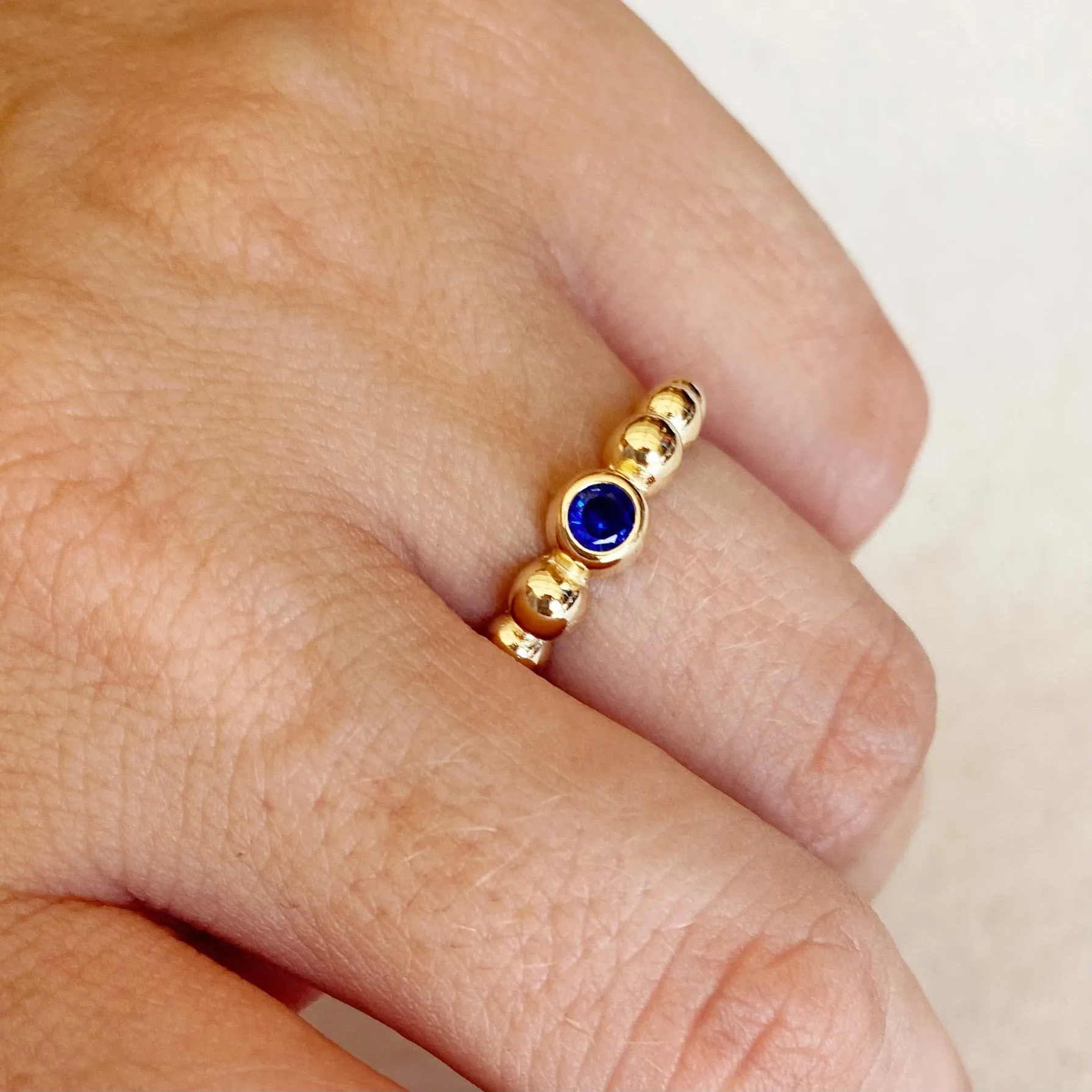 18k Gold Filled Beaded Blue Cubic Zirconia Bezel Ring