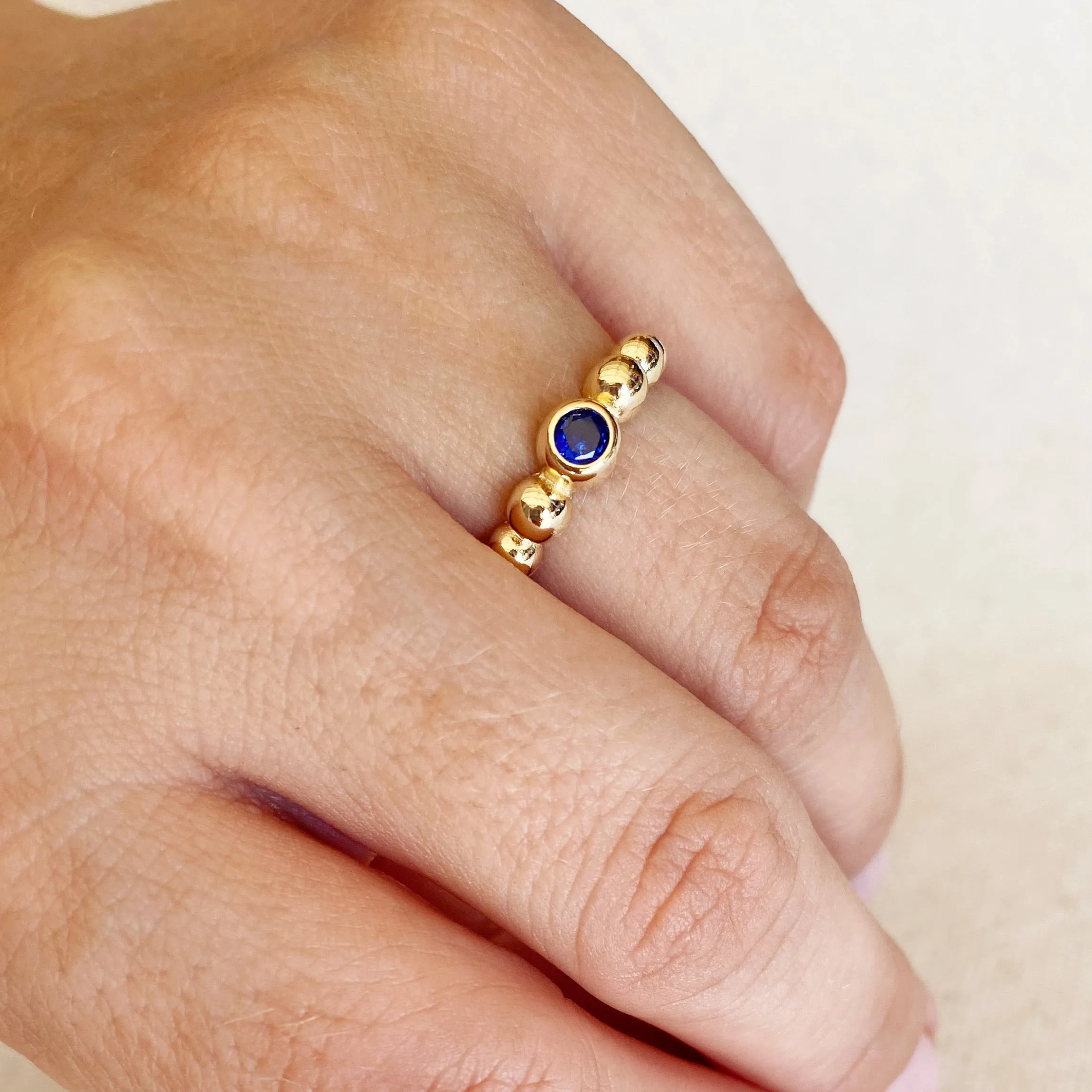 18k Gold Filled Beaded Blue Cubic Zirconia Bezel Ring