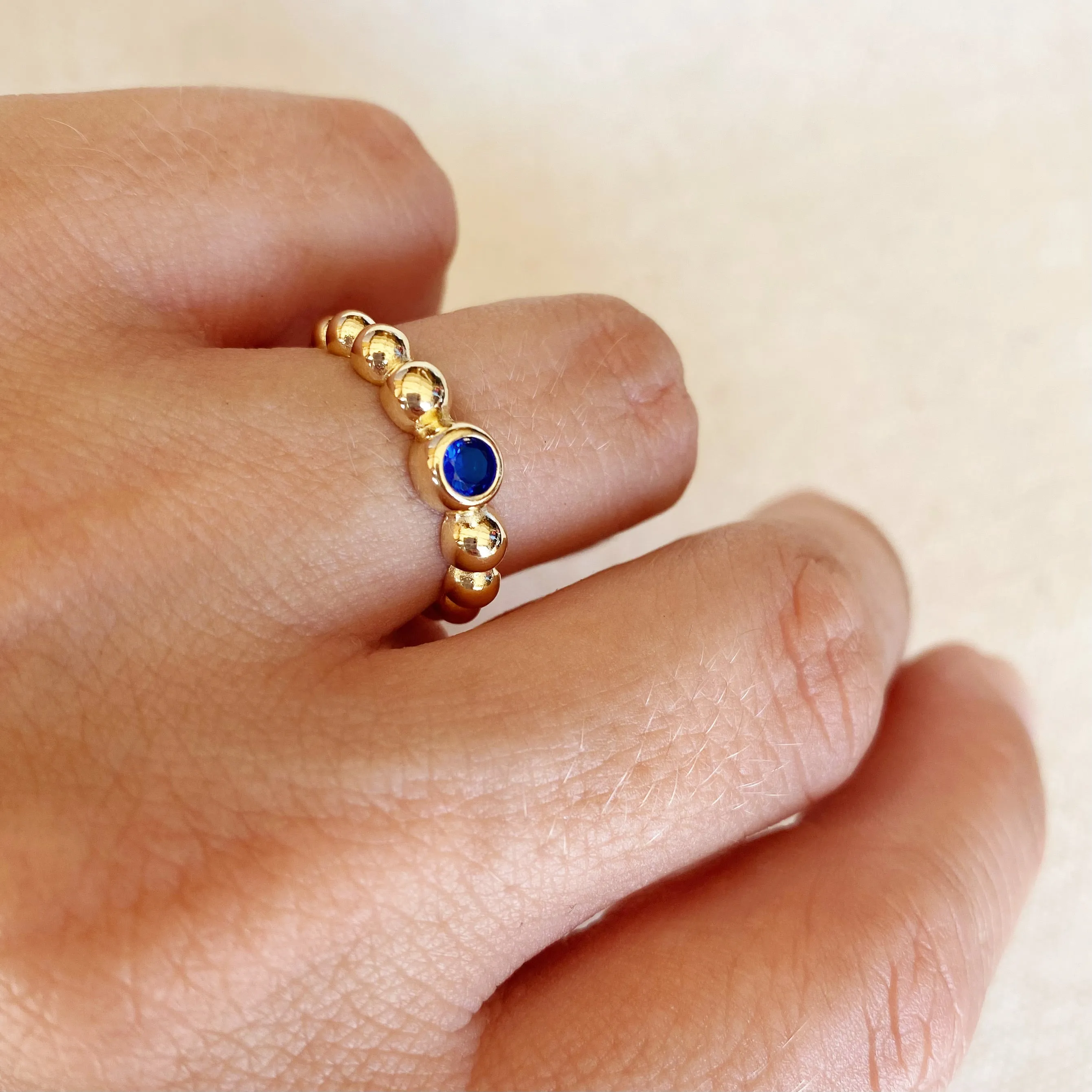 18k Gold Filled Beaded Blue Cubic Zirconia Bezel Ring