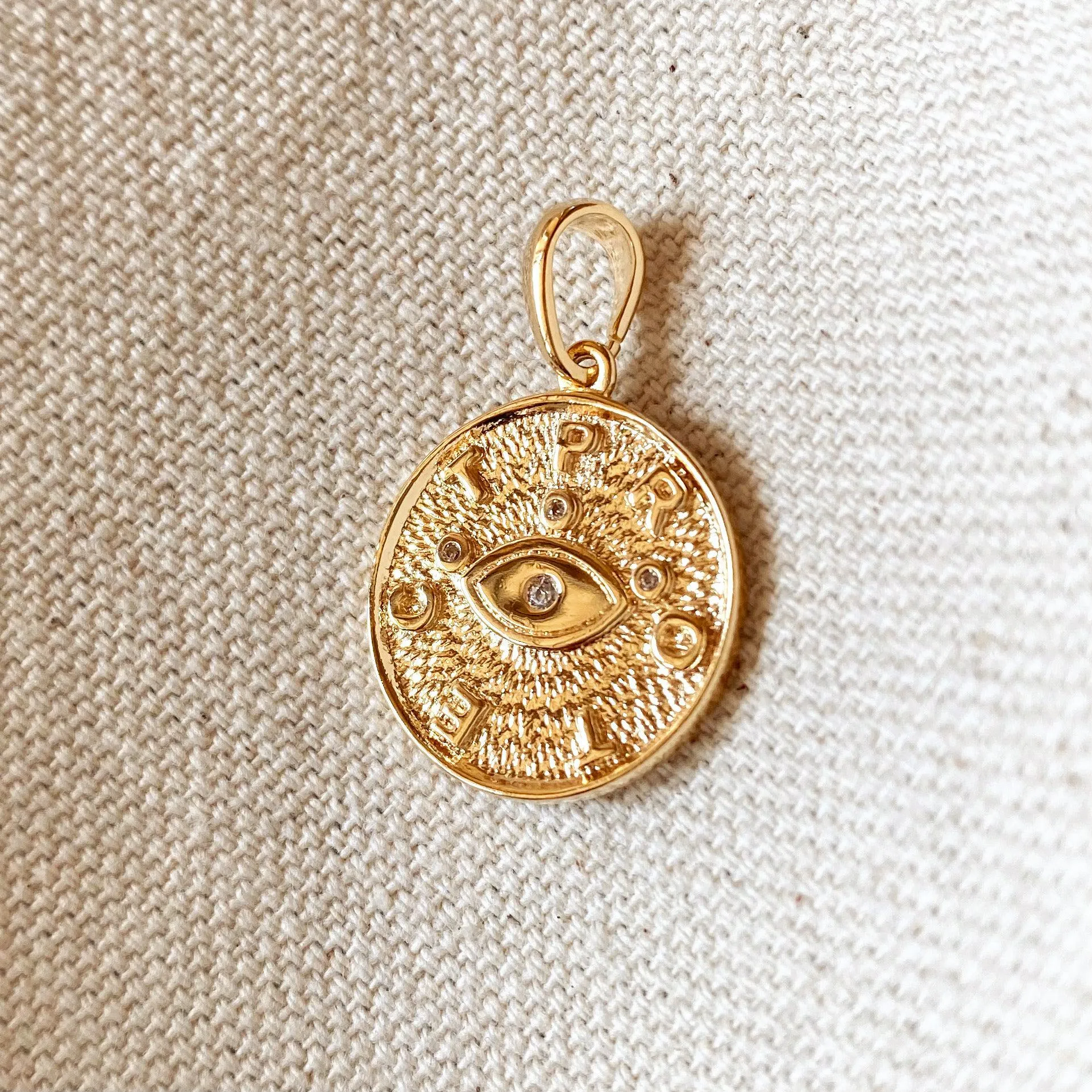 18k Gold Filled Evil Eye Protection Pendant Featuring Textured Background PROTECT Letters