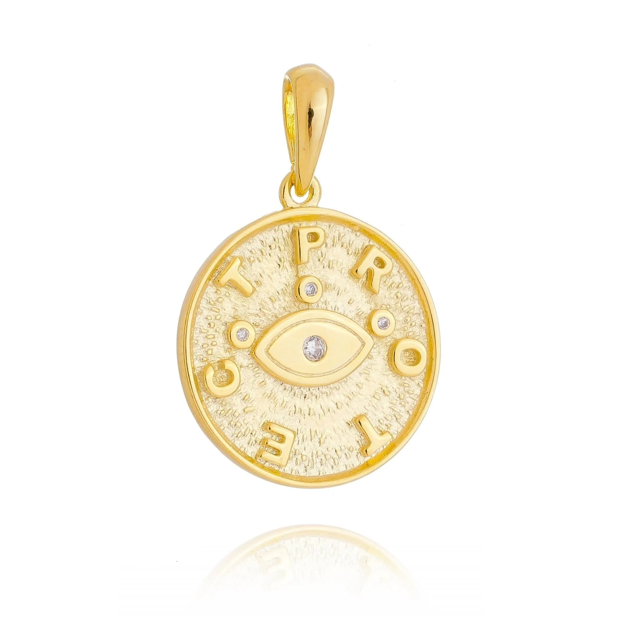 18k Gold Filled Evil Eye Protection Pendant Featuring Textured Background PROTECT Letters