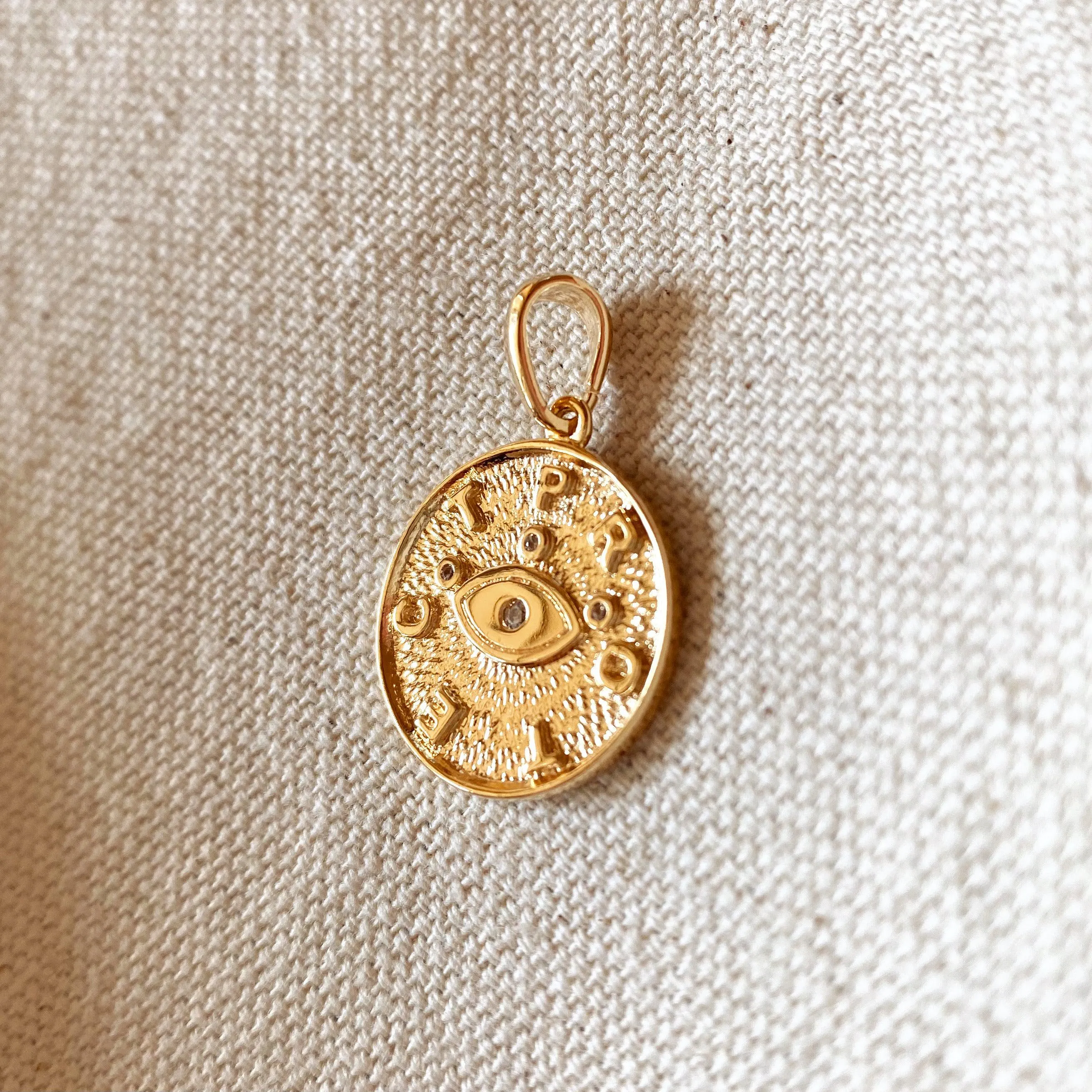 18k Gold Filled Evil Eye Protection Pendant Featuring Textured Background PROTECT Letters