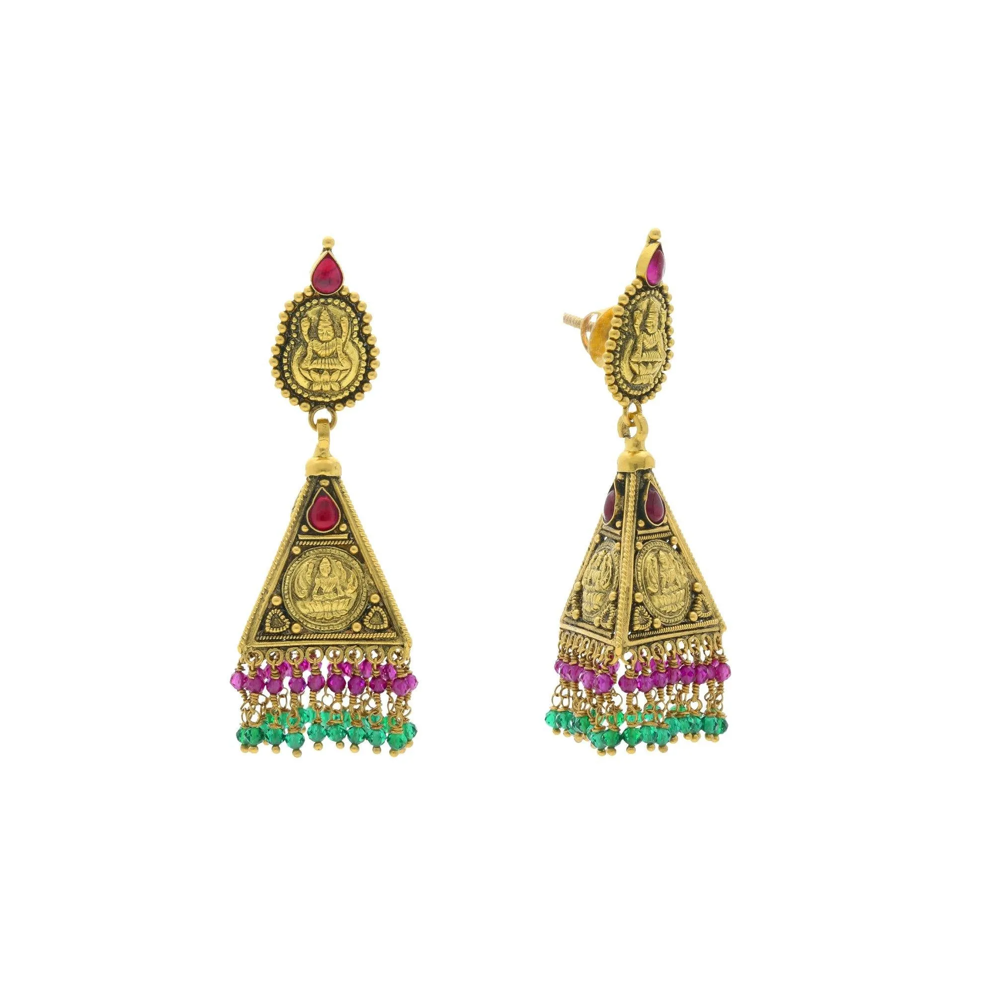 22K Yellow Gold Laxmi Earrings W/ Emerald & Ruby