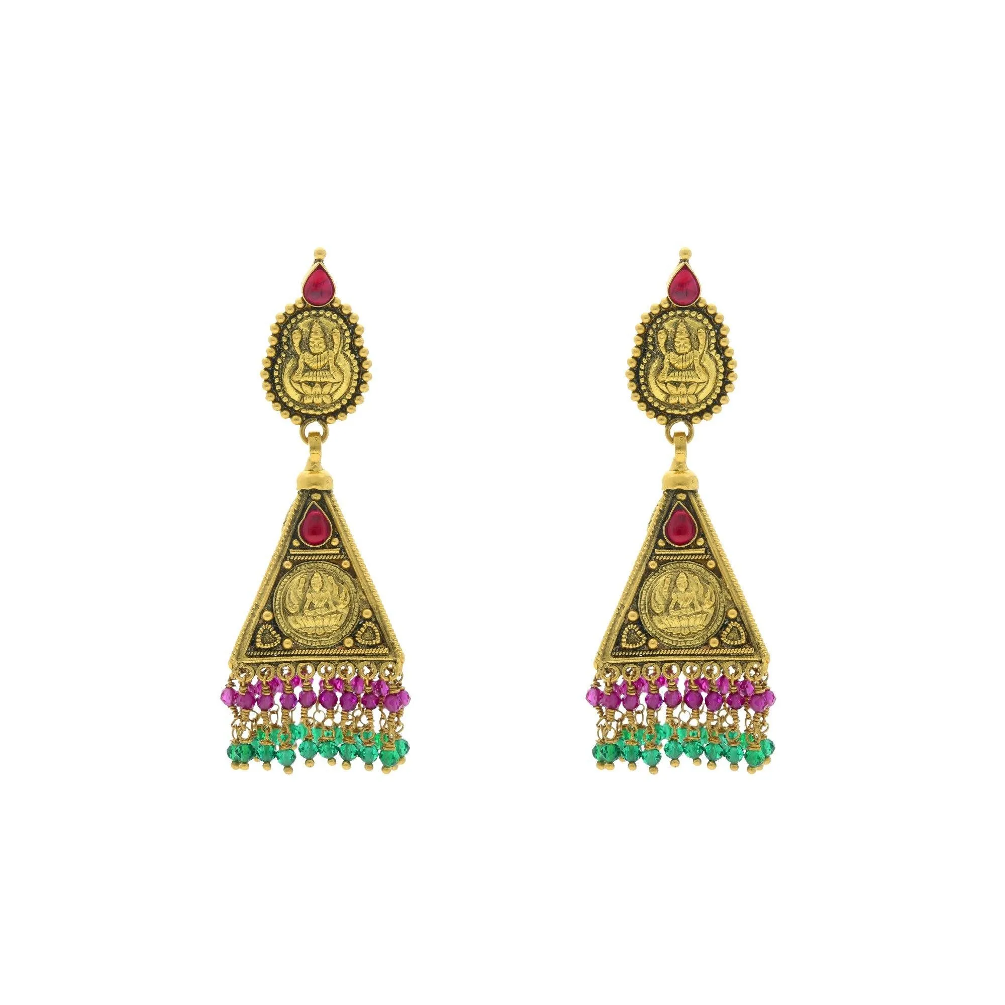 22K Yellow Gold Laxmi Earrings W/ Emerald & Ruby