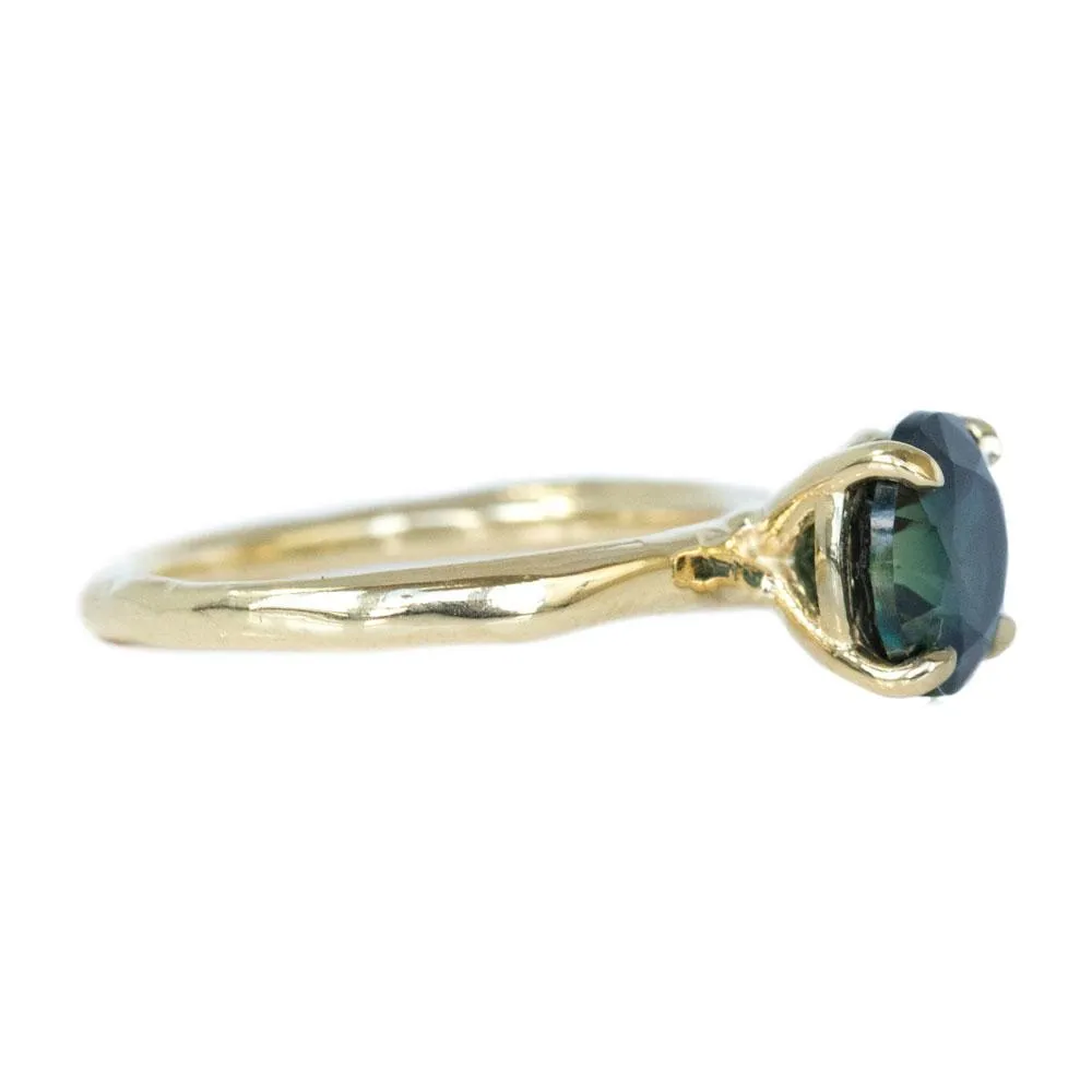 2.66 round deep teal blue green sapphire Alluvial solitaire ring in 18k yellow gold