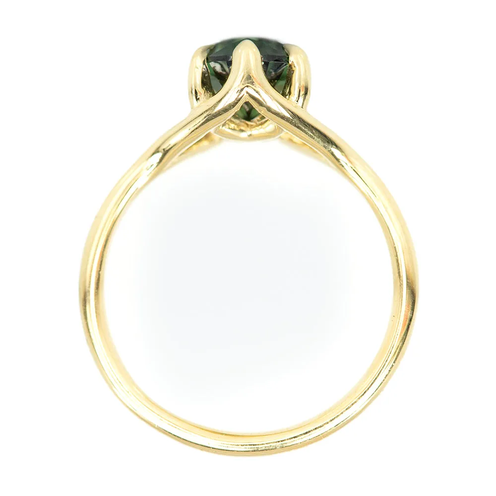 2ct Pear Forest Green Nigerian Sapphire Low Profile Six Prong Split Shank Solitaire in 14k Yellow Gold