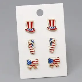 4th Of July American Flag Enamel Stud Earring Set