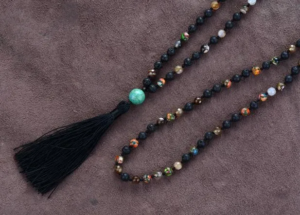 6MM Lava Stone  and Onyx Beaded Tassel Necklace