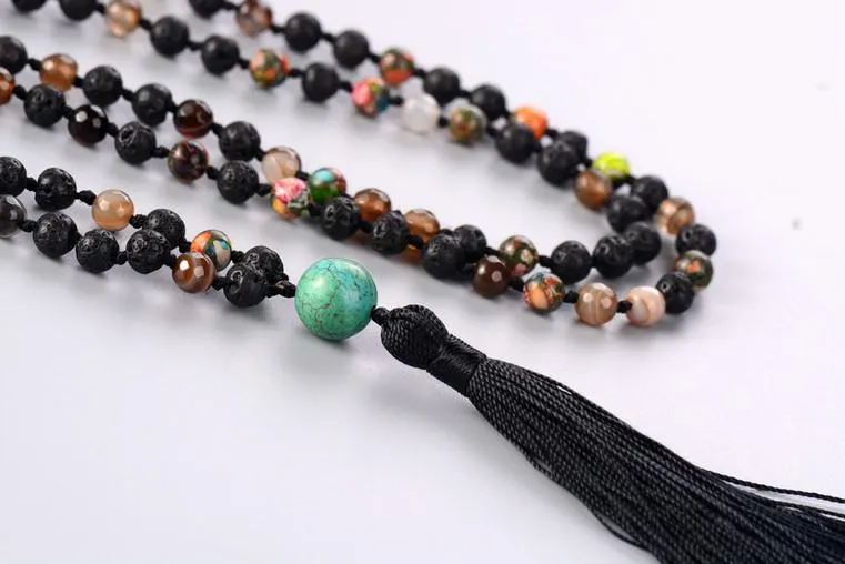 6MM Lava Stone  and Onyx Beaded Tassel Necklace