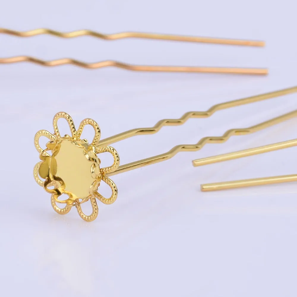 75mm U shape Wedding hair pin flower with 10mm Cameo Base Clips bridesmaid hair pin Hair accessories gold 10pcs