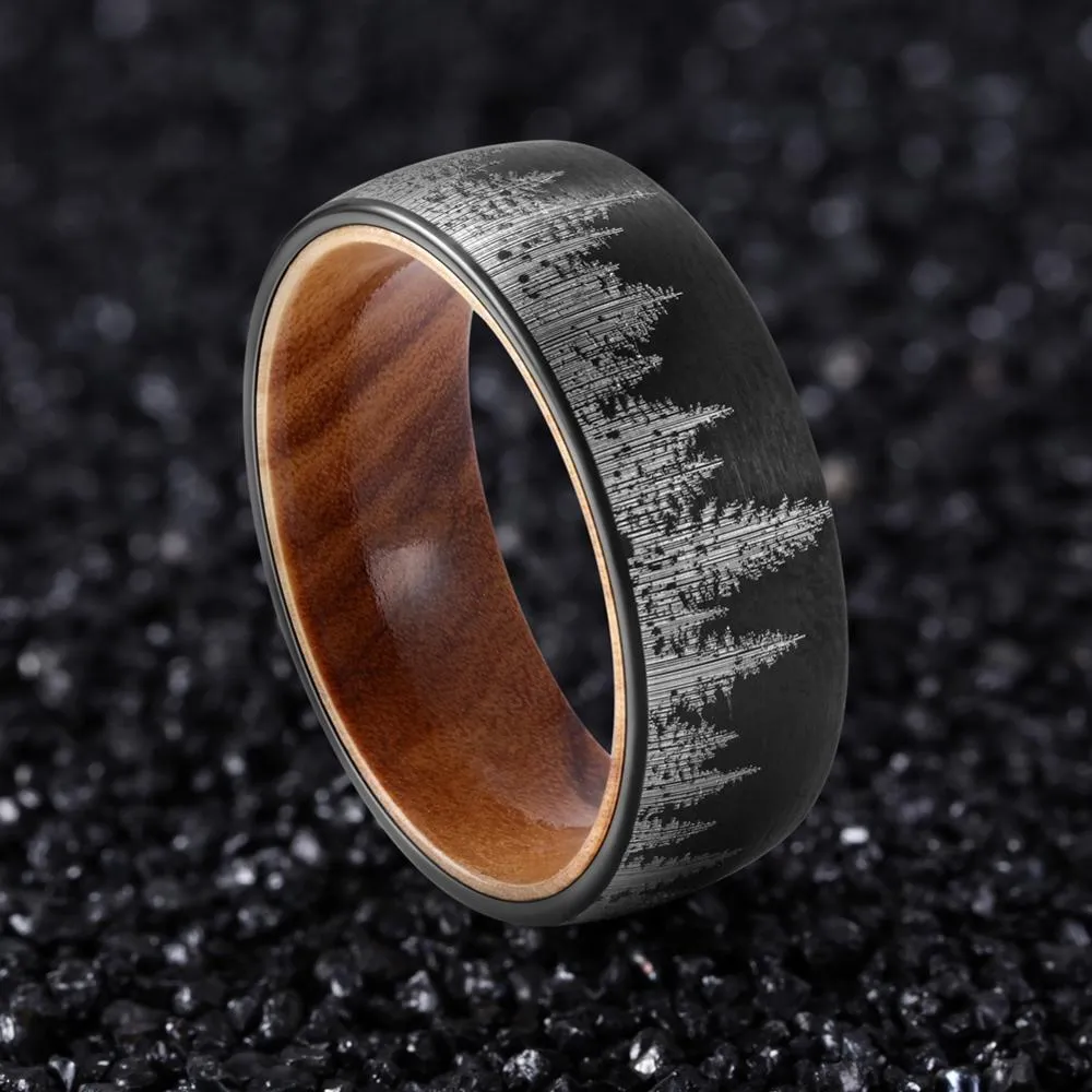 8mm Men Black Mountain Forest Tungsten Carbide with Olive Wood Interior Comfort Fit Wedding Band