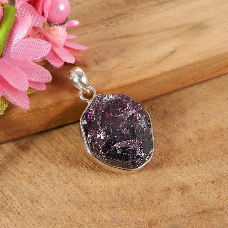 925 Sterling Silver Natural Garnet Rough Bezel Set Pendant Jewelry