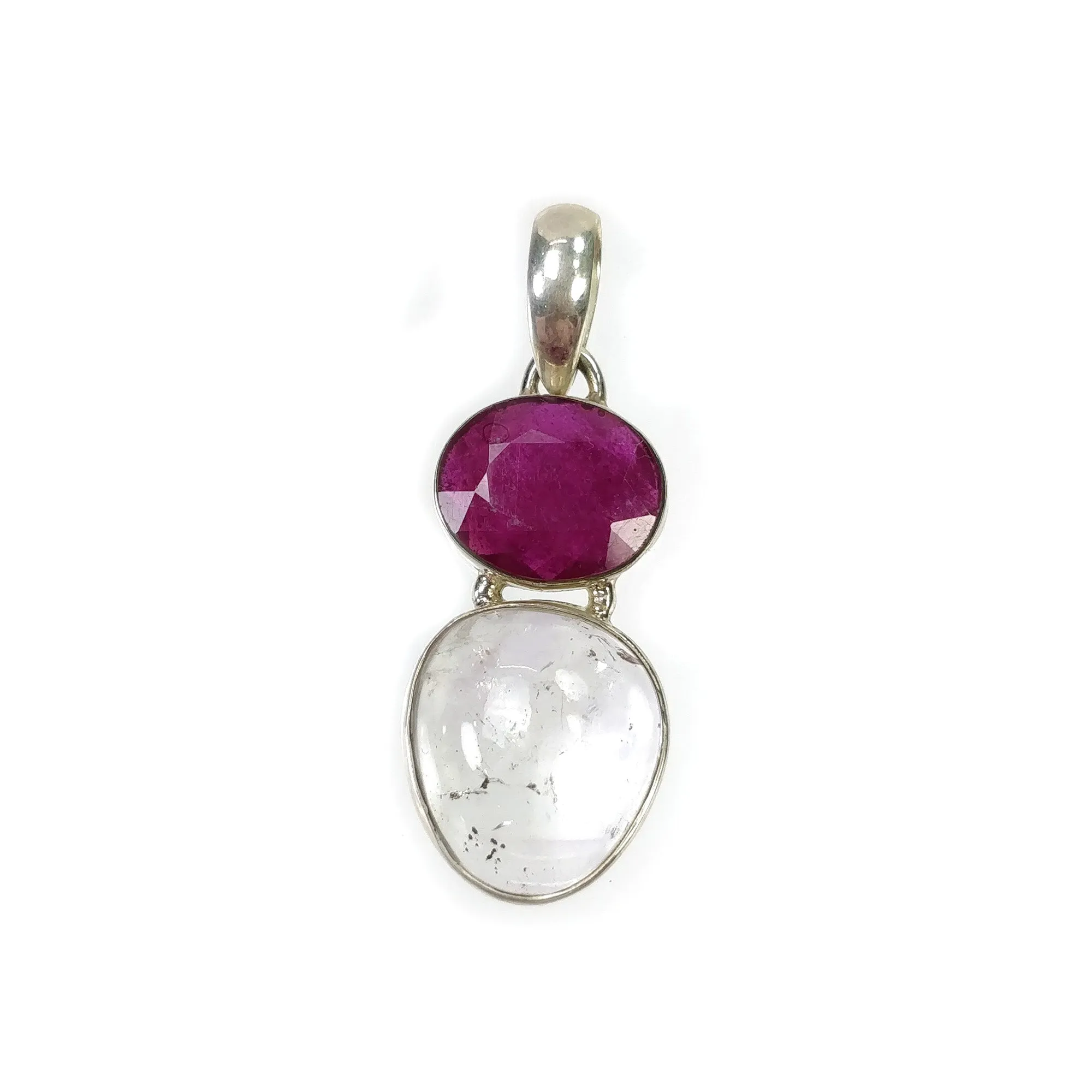 925 Sterling Silver PENDANT : Natural Amethyst & Glass Filled RED RUBY Gemstones Cabochon And Faceted Bezel Set Pendant 1.65"