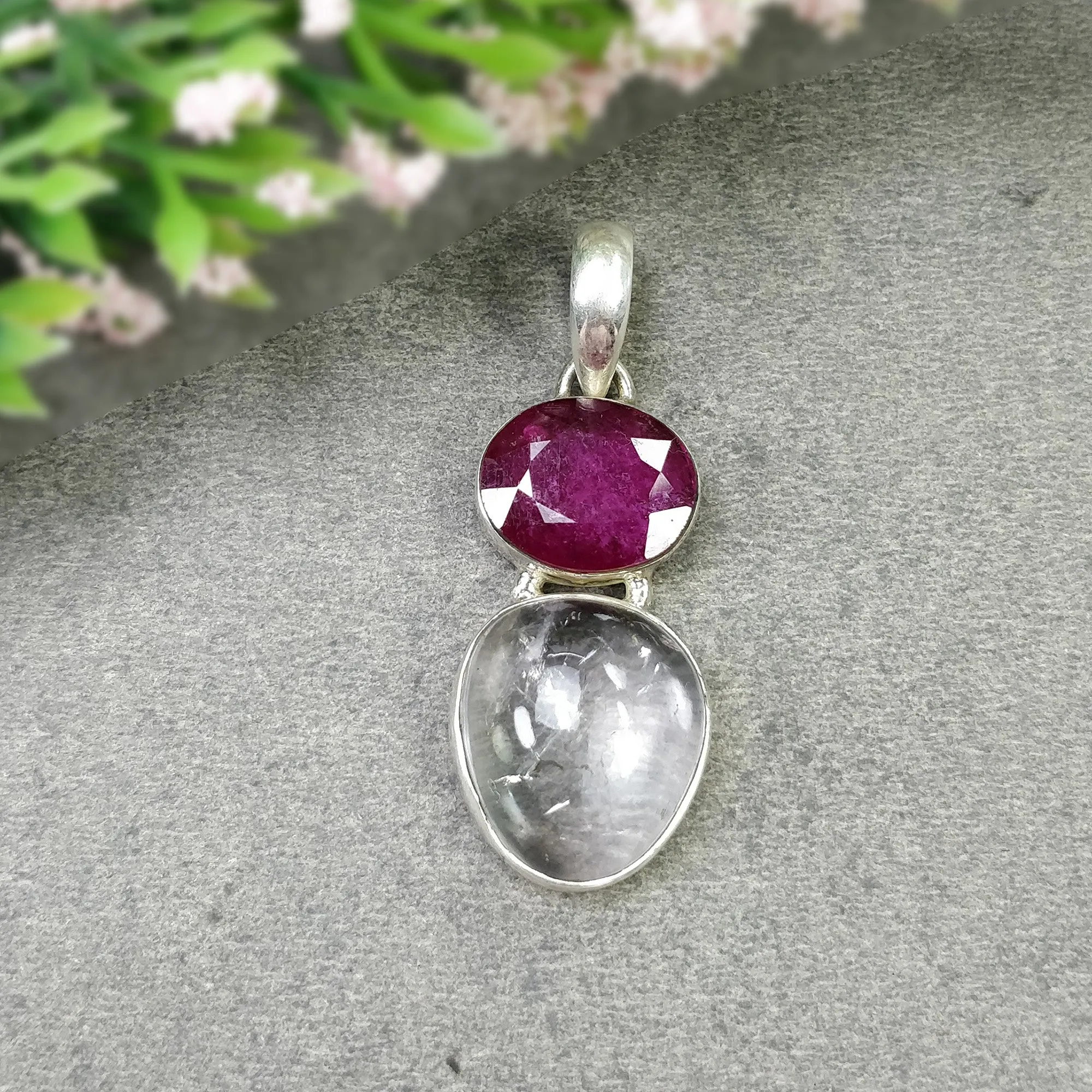 925 Sterling Silver PENDANT : Natural Amethyst & Glass Filled RED RUBY Gemstones Cabochon And Faceted Bezel Set Pendant 1.65"