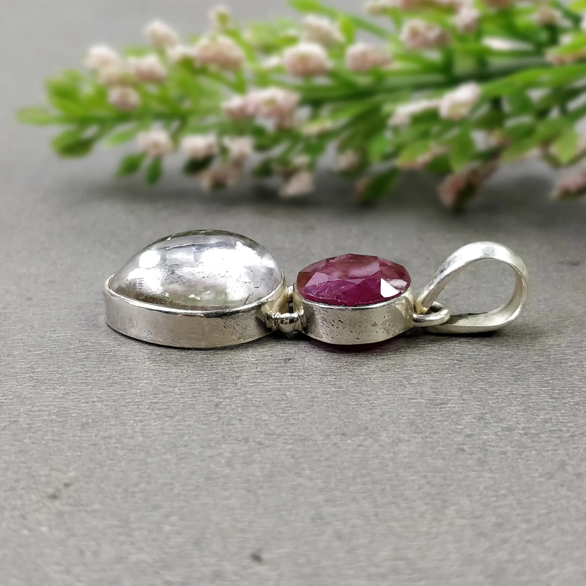 925 Sterling Silver PENDANT : Natural Amethyst & Glass Filled RED RUBY Gemstones Cabochon And Faceted Bezel Set Pendant 1.65"