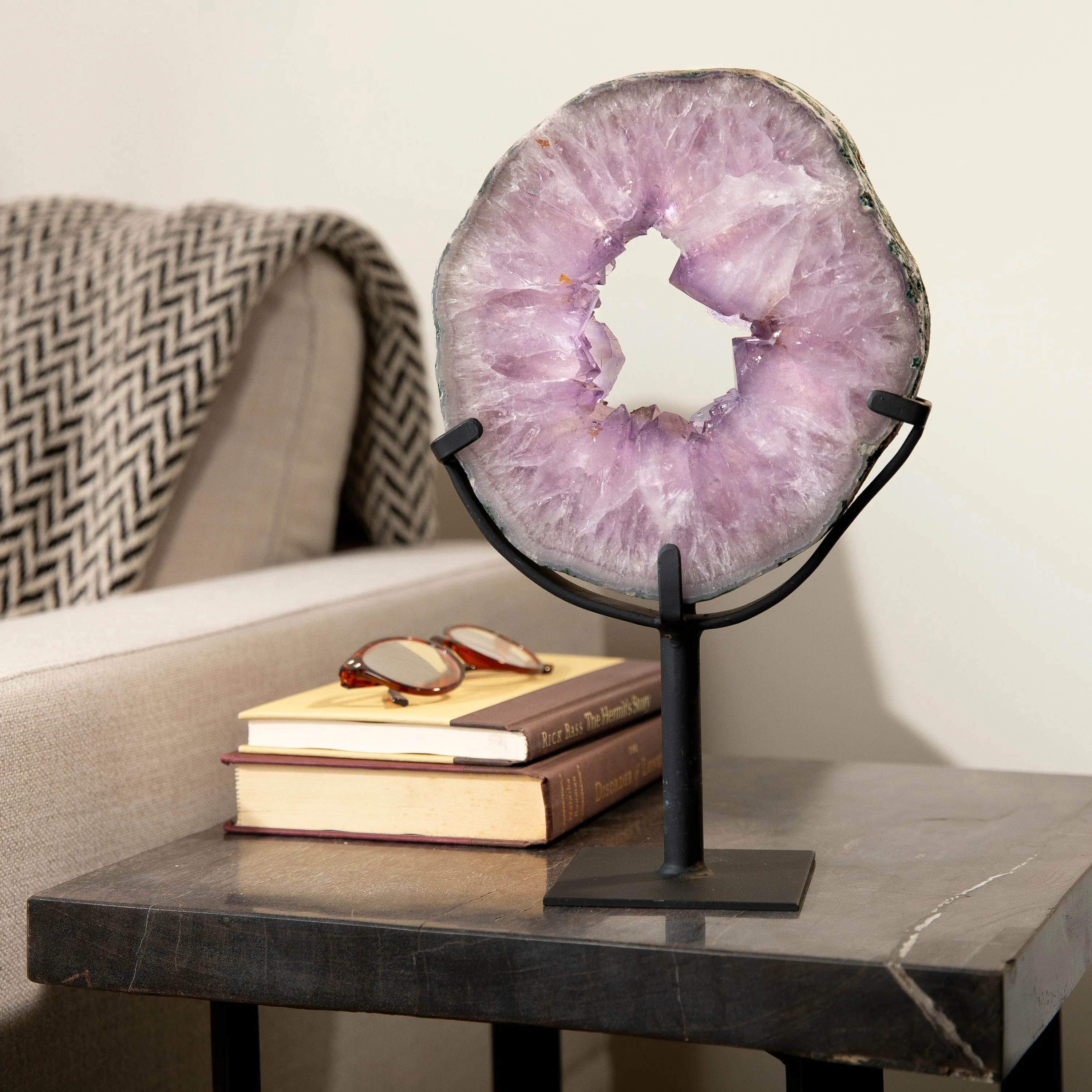 Amethyst Geode Slice Ring from Brazil on Custom Stand- 11 / 5.5 lbs