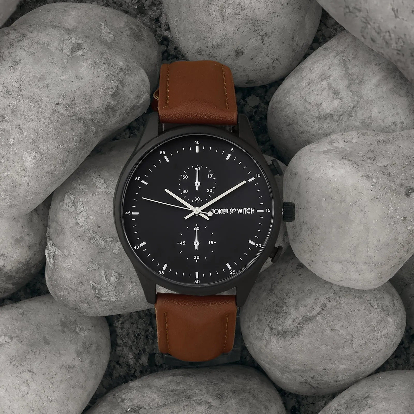 Beetle Black Dial Brown PU Strap Watch