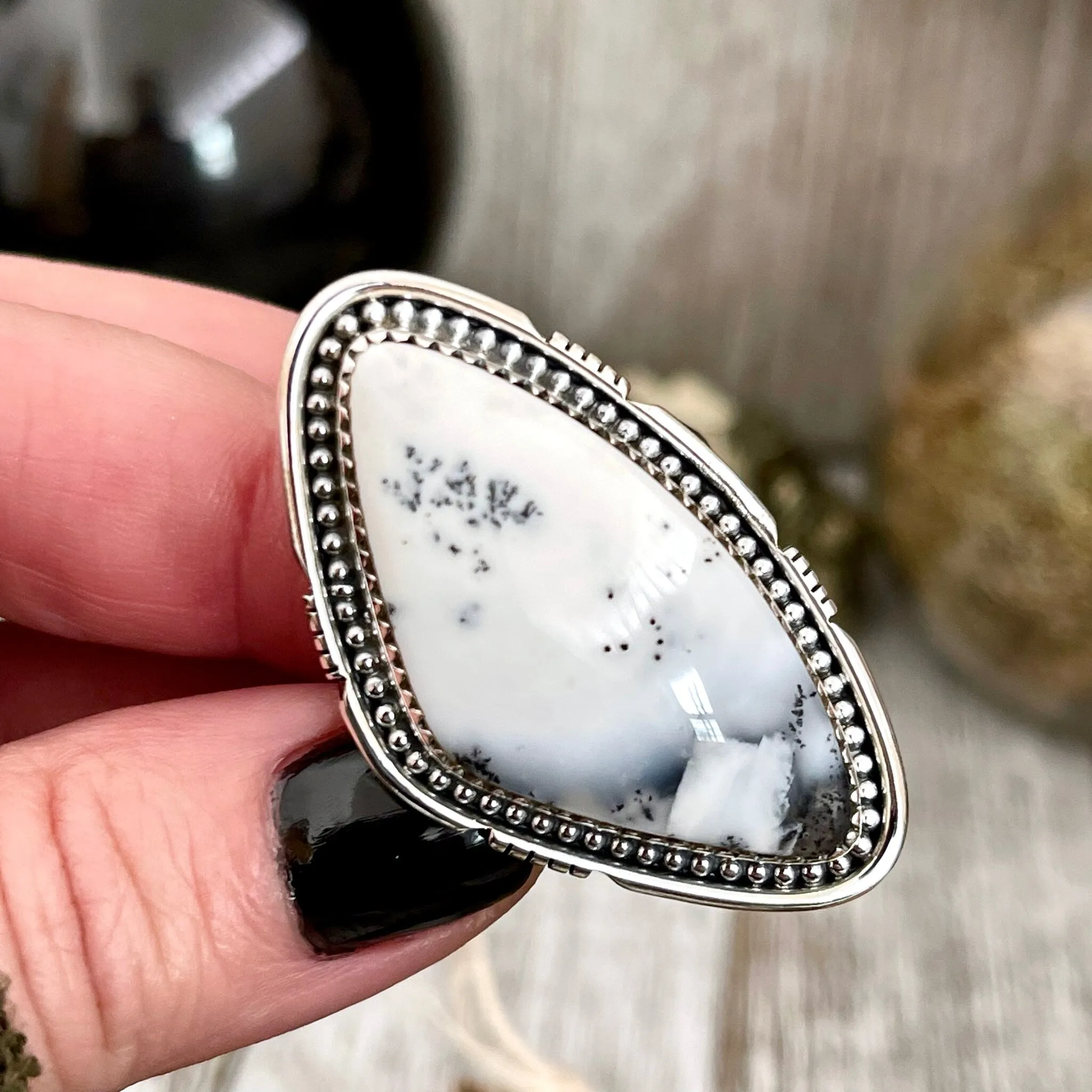 Big Dendritic Agate Crystal Statement Ring in Sterling Silver - Designed by FOXLARK Collection Adjustable to Size 6 7 8 9 | White Stone