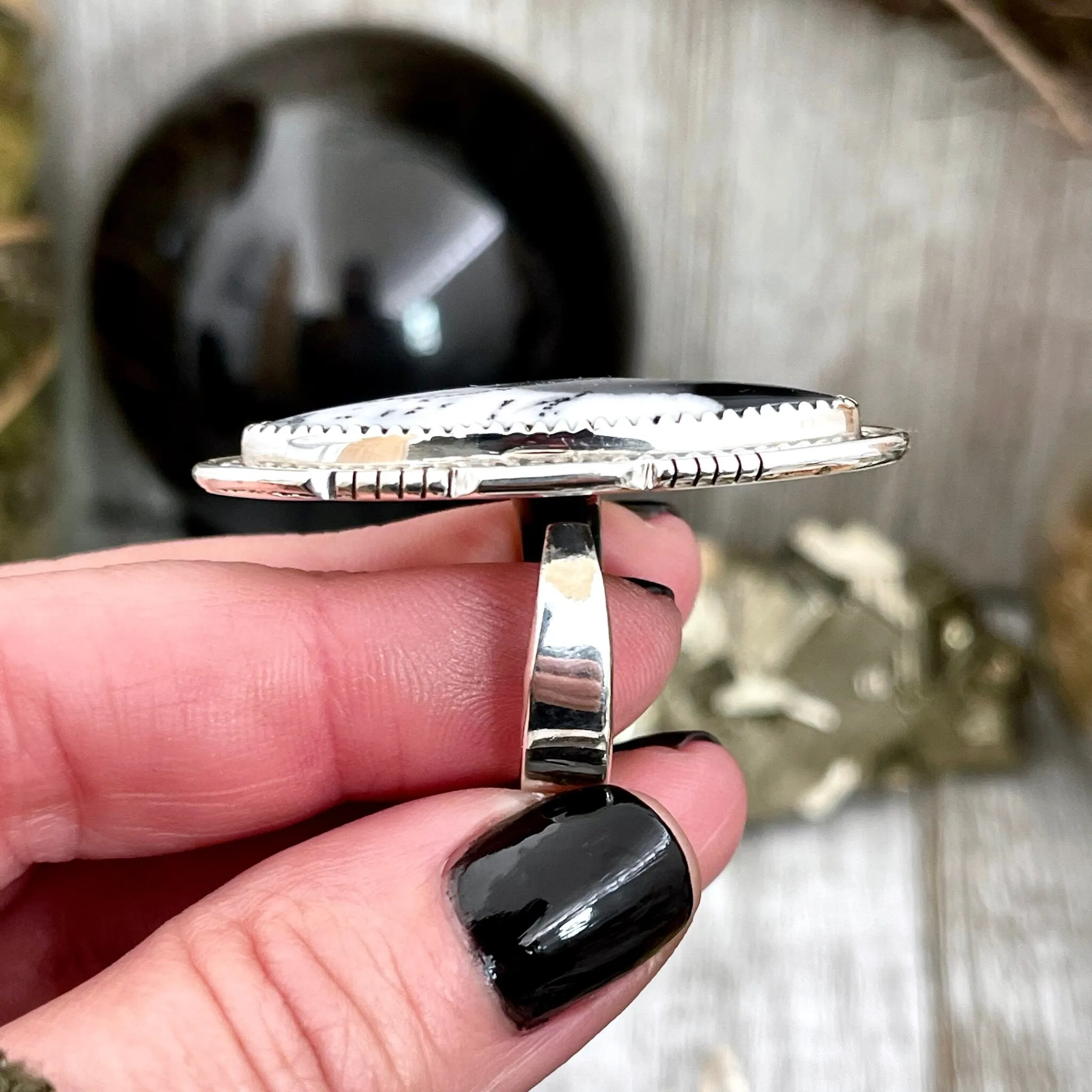 Big Dendritic Agate Crystal Statement Ring in Sterling Silver - Designed by FOXLARK Collection Adjustable to Size 6 7 8 9 | White Stone