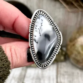 Big Dendritic Agate Crystal Statement Ring in Sterling Silver - Designed by FOXLARK Collection Adjustable to Size 6 7 8 9 | White Stone