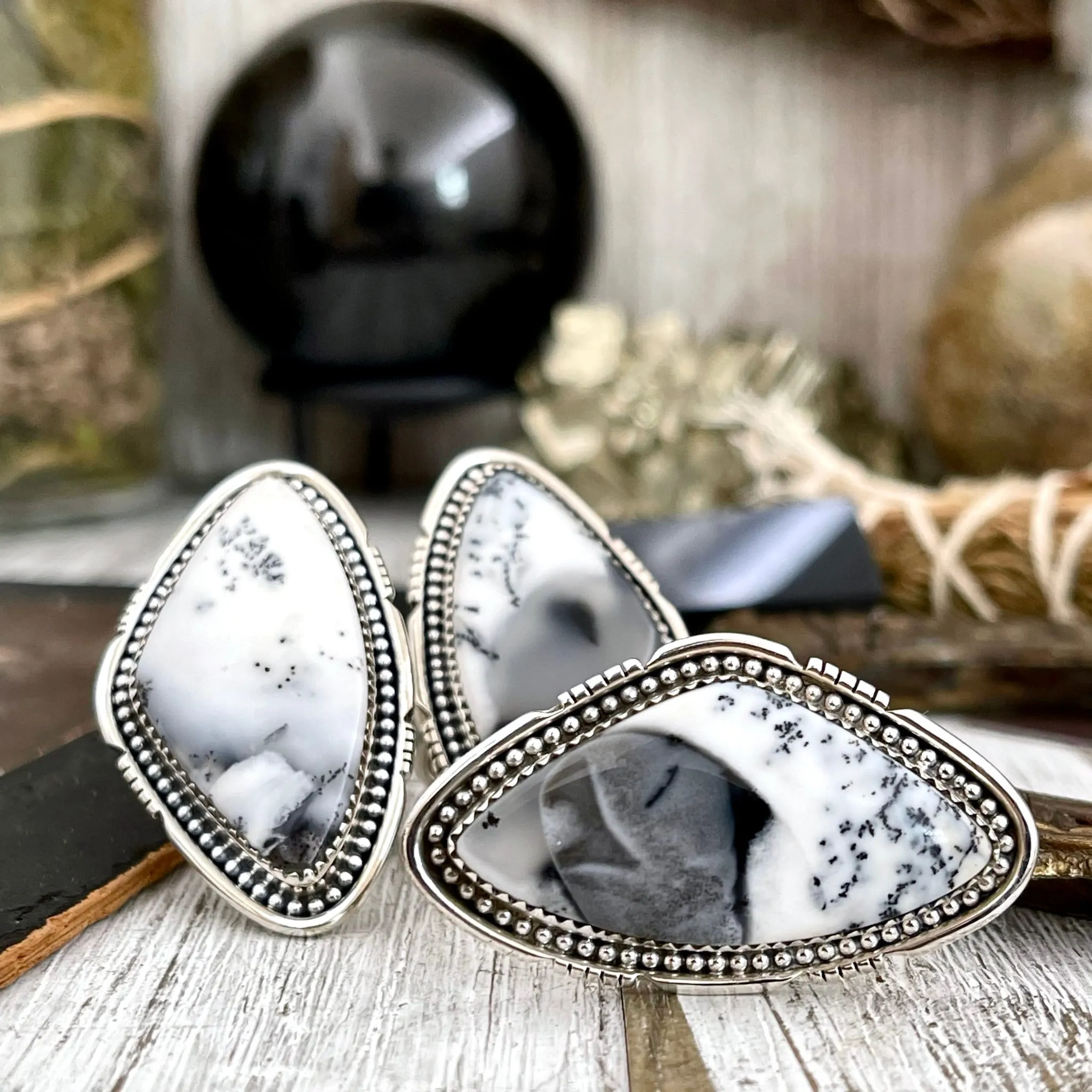 Big Dendritic Agate Crystal Statement Ring in Sterling Silver - Designed by FOXLARK Collection Adjustable to Size 6 7 8 9 | White Stone