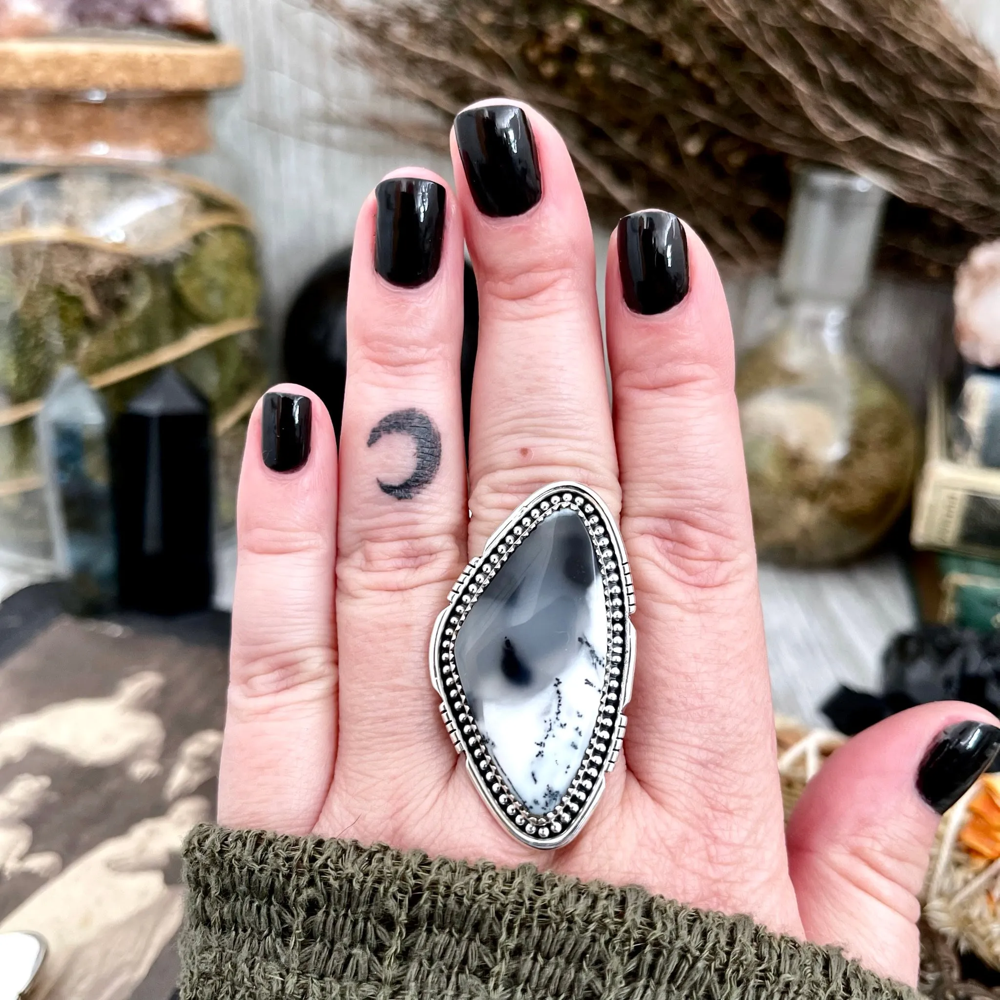 Big Dendritic Agate Crystal Statement Ring in Sterling Silver - Designed by FOXLARK Collection Adjustable to Size 6 7 8 9 | White Stone