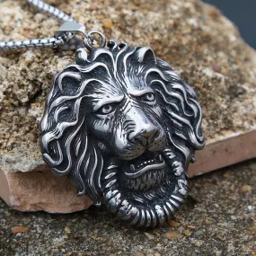 Big Oxidized Stainless Steel Lion Pendant Necklace