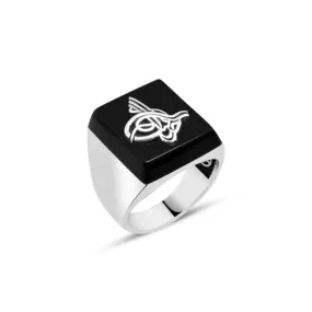 Black Square Onyx Stone with Tughra Silver Men's Ring