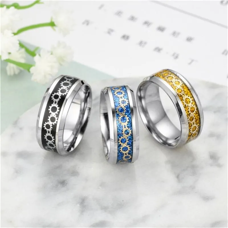 Black/Blue/Gold Stainless Steel with Gear Design Wedding Band