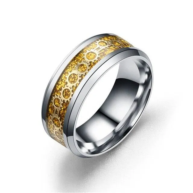 Black/Blue/Gold Stainless Steel with Gear Design Wedding Band