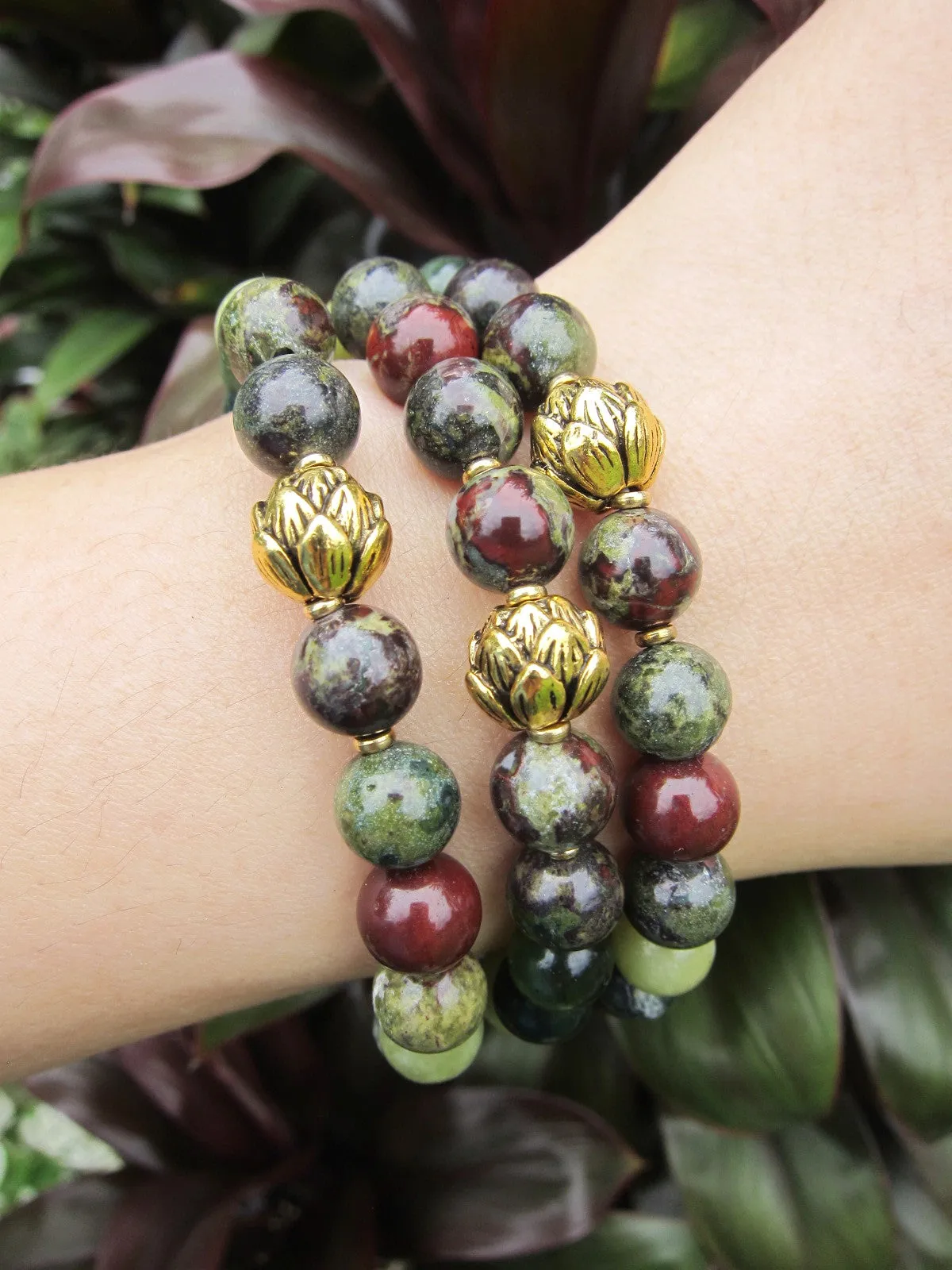 Bloodstone Lotus Charm Mala Bracelet