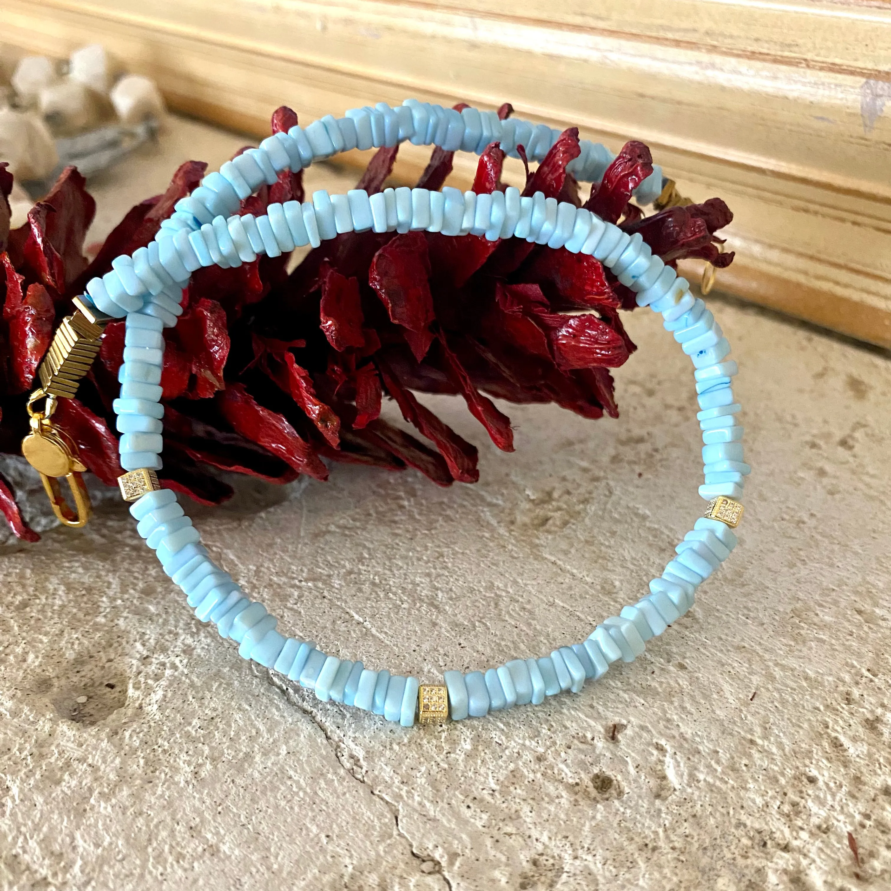 Blue Peru Opal Choker Necklace with Gold Vermeil Details and Lobster Clasp, 16in