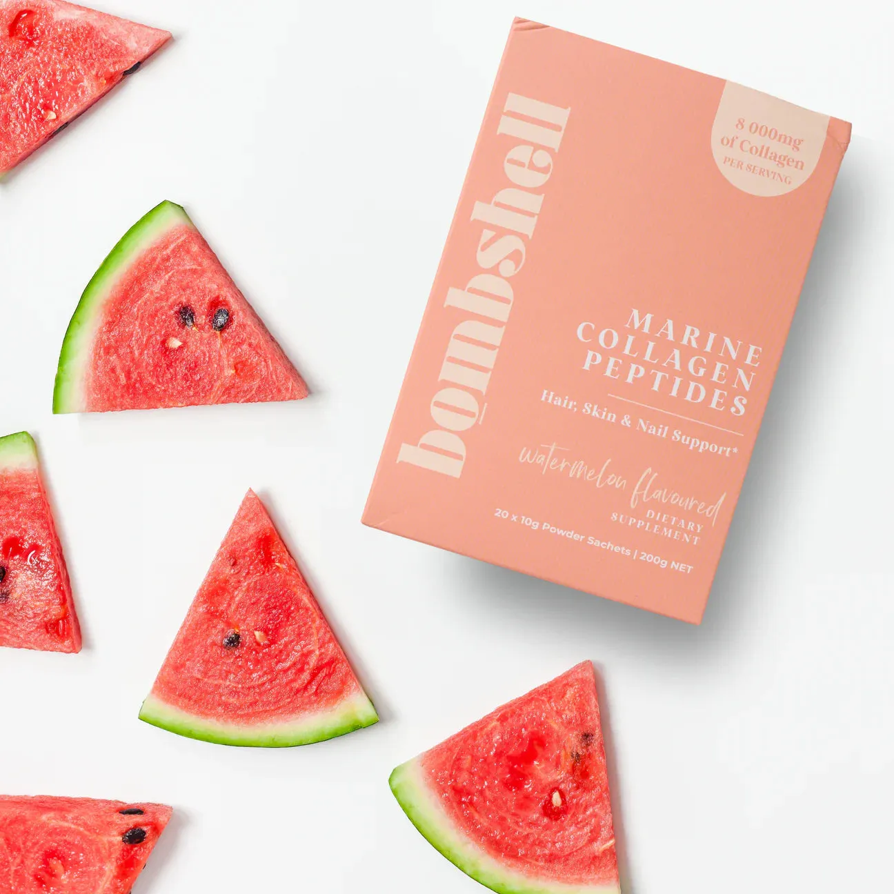 BOMBSHELL WATERMELON FLAVOURED MARINE COLLAGEN SACHETS (20X10G SACHETS)