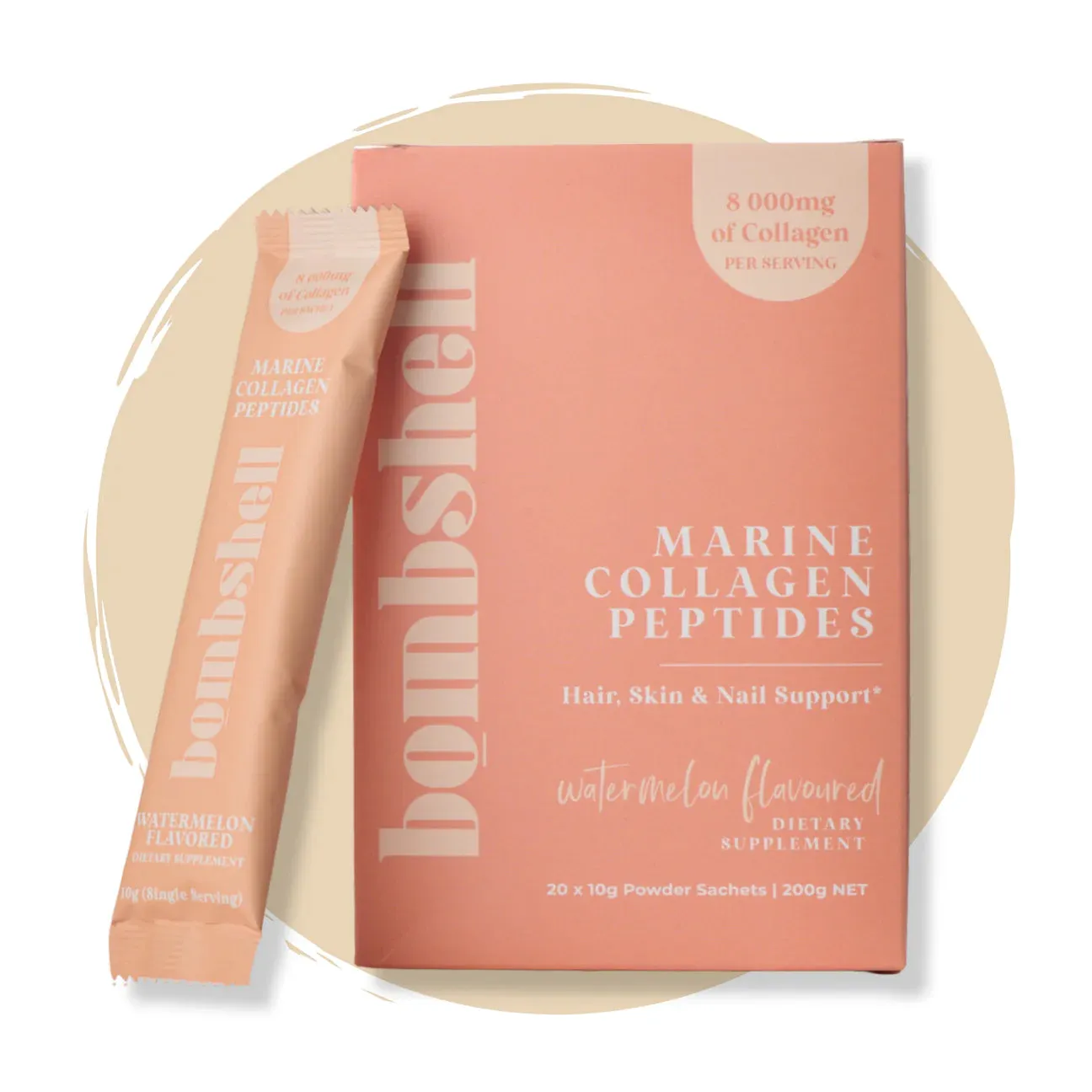 BOMBSHELL WATERMELON FLAVOURED MARINE COLLAGEN SACHETS (20X10G SACHETS)