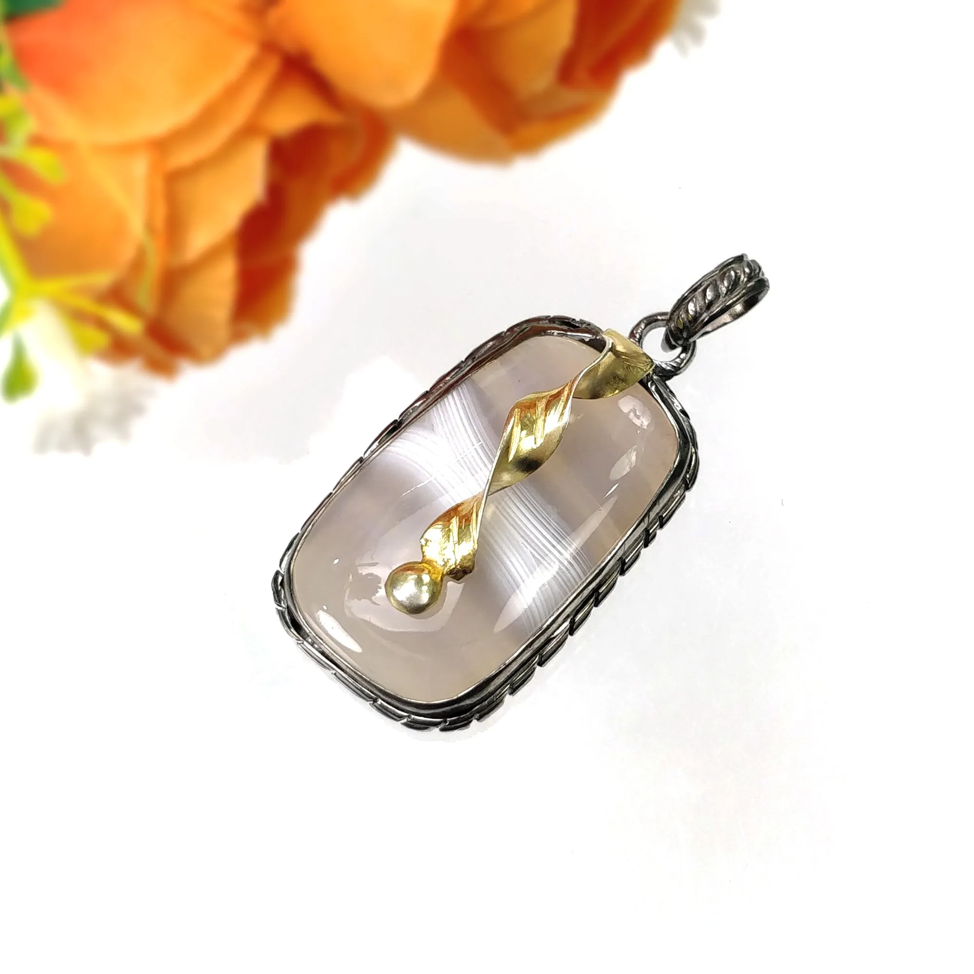 BOTSWANA AGATE 925 Sterling Silver Pendant : 11.51gms Natural Gemstone Cushion Shape Victorian Gold Plated Bezel Pendant 1.75"