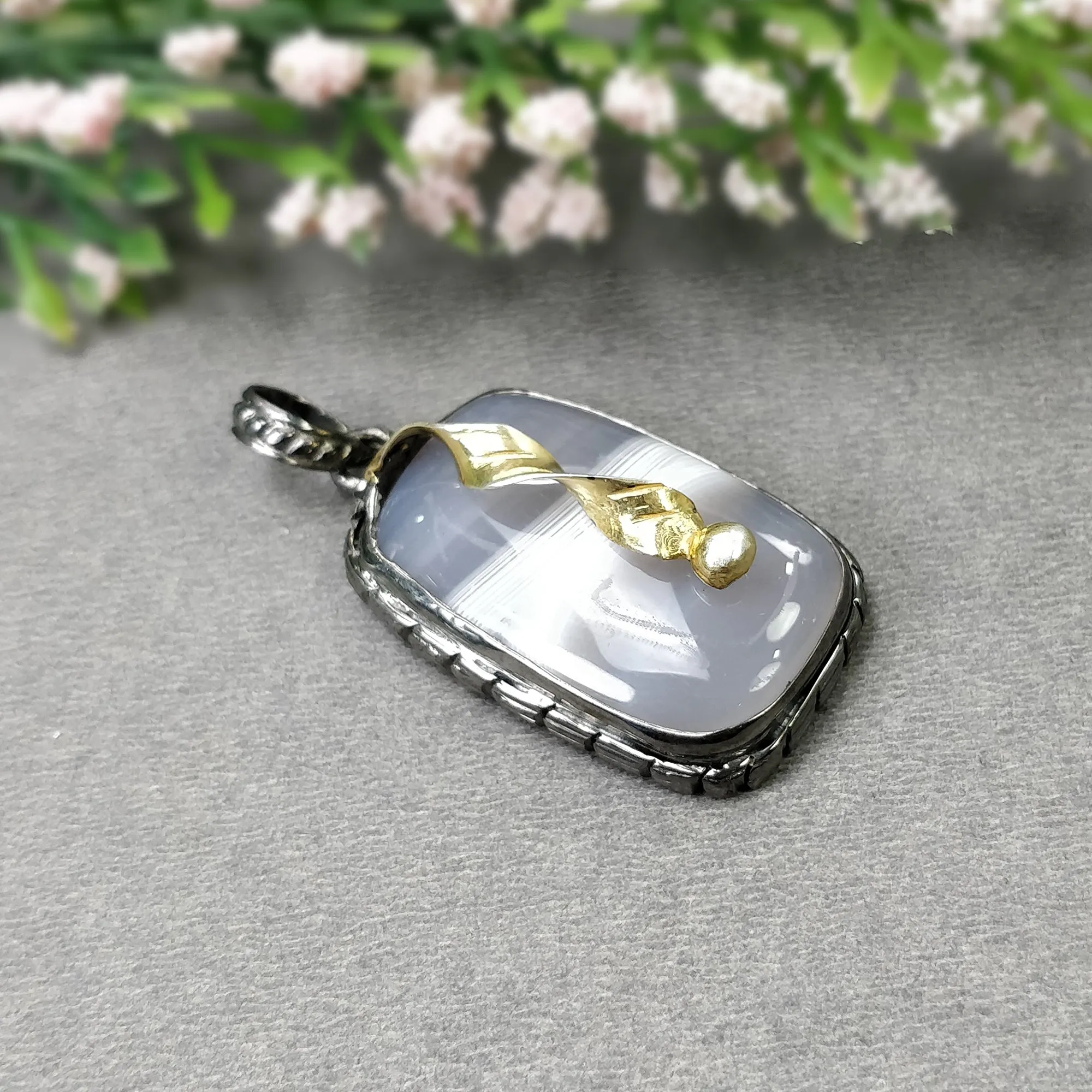 BOTSWANA AGATE 925 Sterling Silver Pendant : 11.51gms Natural Gemstone Cushion Shape Victorian Gold Plated Bezel Pendant 1.75"