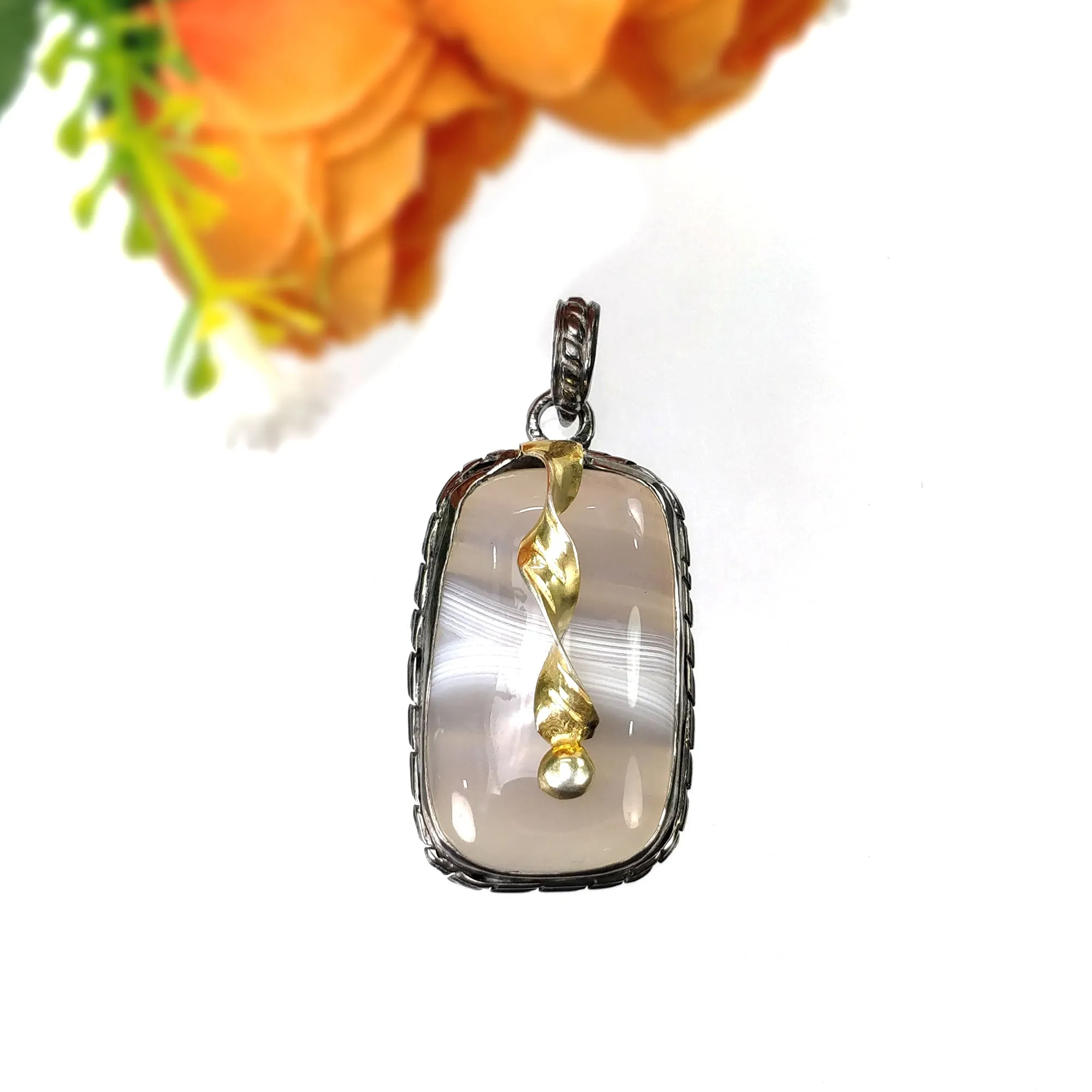 BOTSWANA AGATE 925 Sterling Silver Pendant : 11.51gms Natural Gemstone Cushion Shape Victorian Gold Plated Bezel Pendant 1.75"