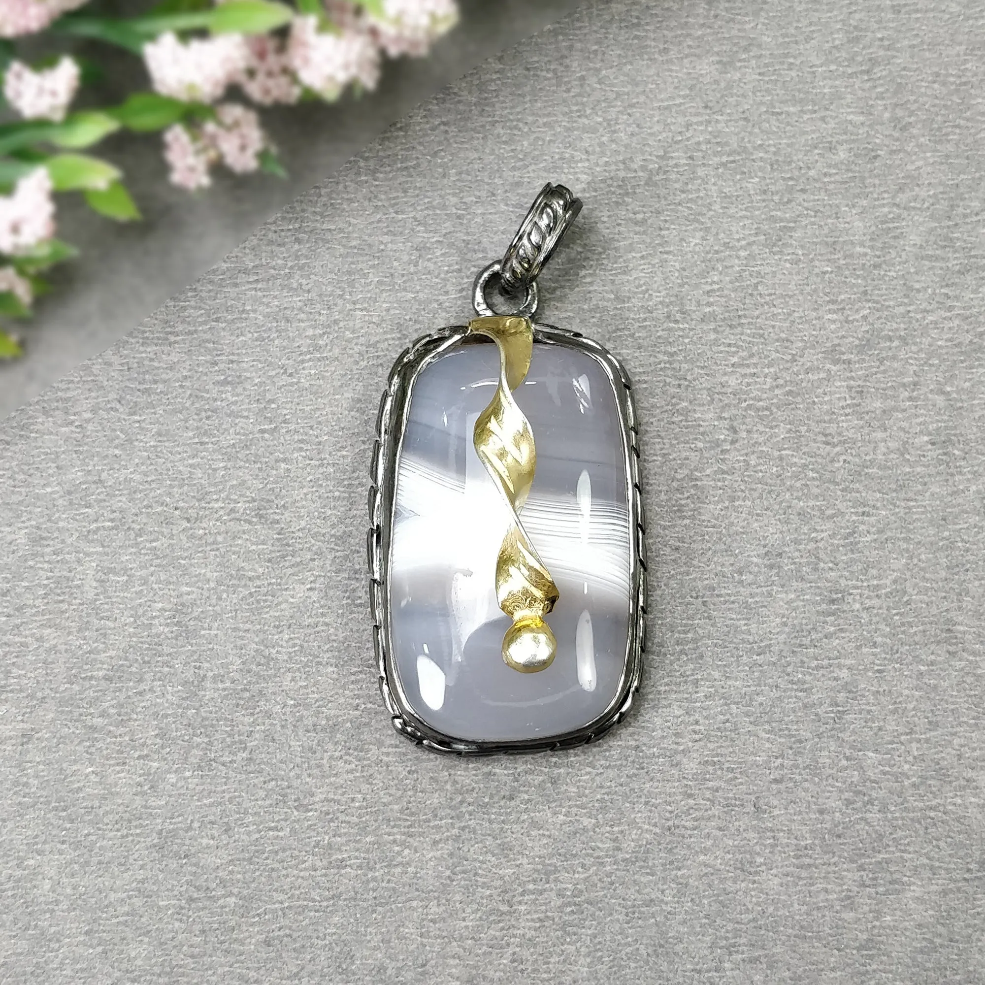 BOTSWANA AGATE 925 Sterling Silver Pendant : 11.51gms Natural Gemstone Cushion Shape Victorian Gold Plated Bezel Pendant 1.75"